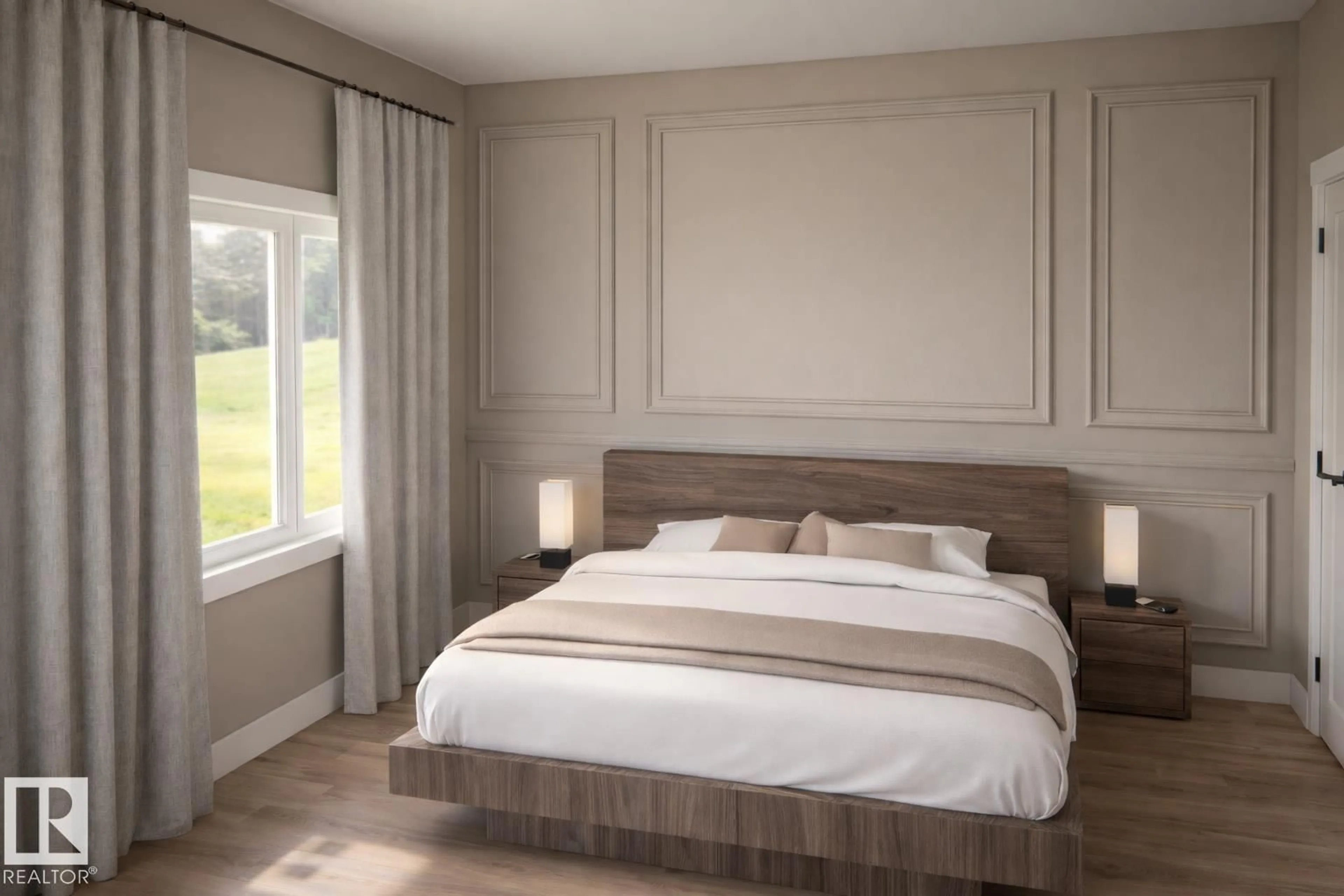Bedroom with bed, wood/laminate floor for 22 BRICKYARD VW, Stony Plain Alberta T7Z0P2