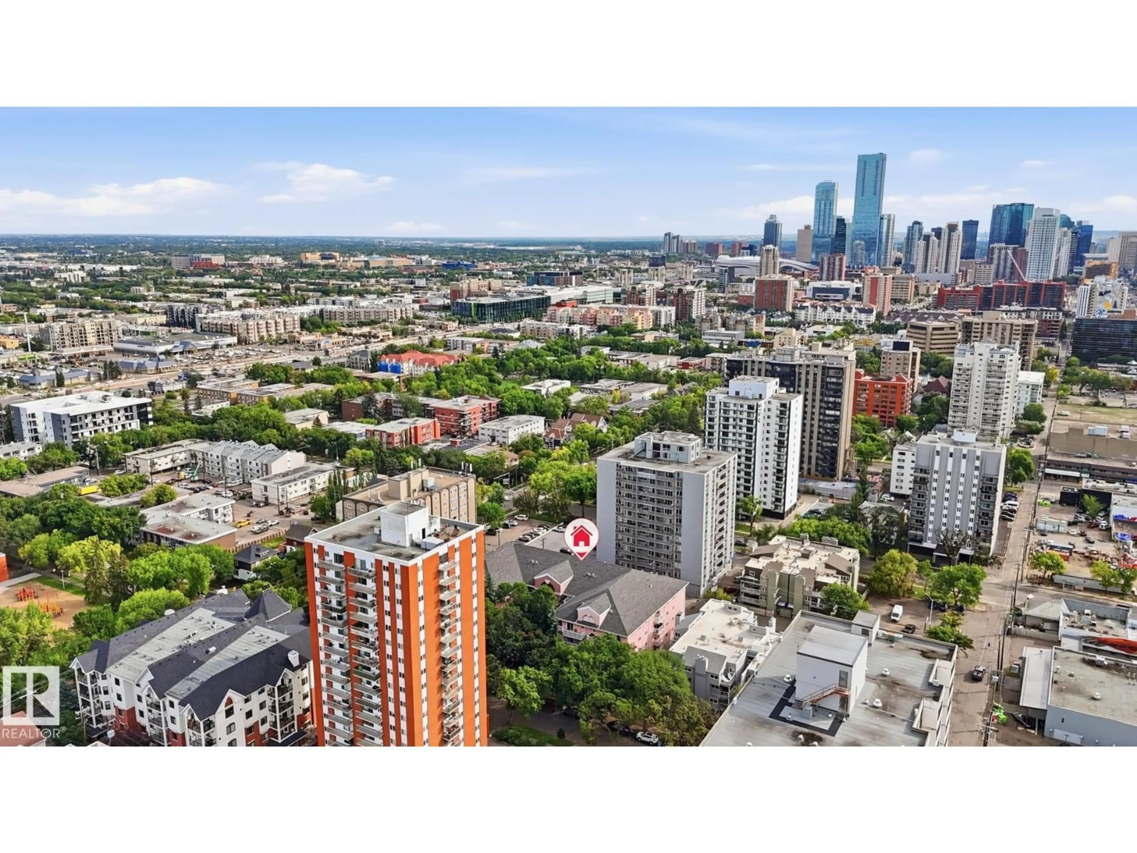 A pic from outside/outdoor area/front of a property/back of a property/a pic from drone, city buildings view from balcony for #107 - 10153 117 ST NW, Edmonton Alberta T5K1X5