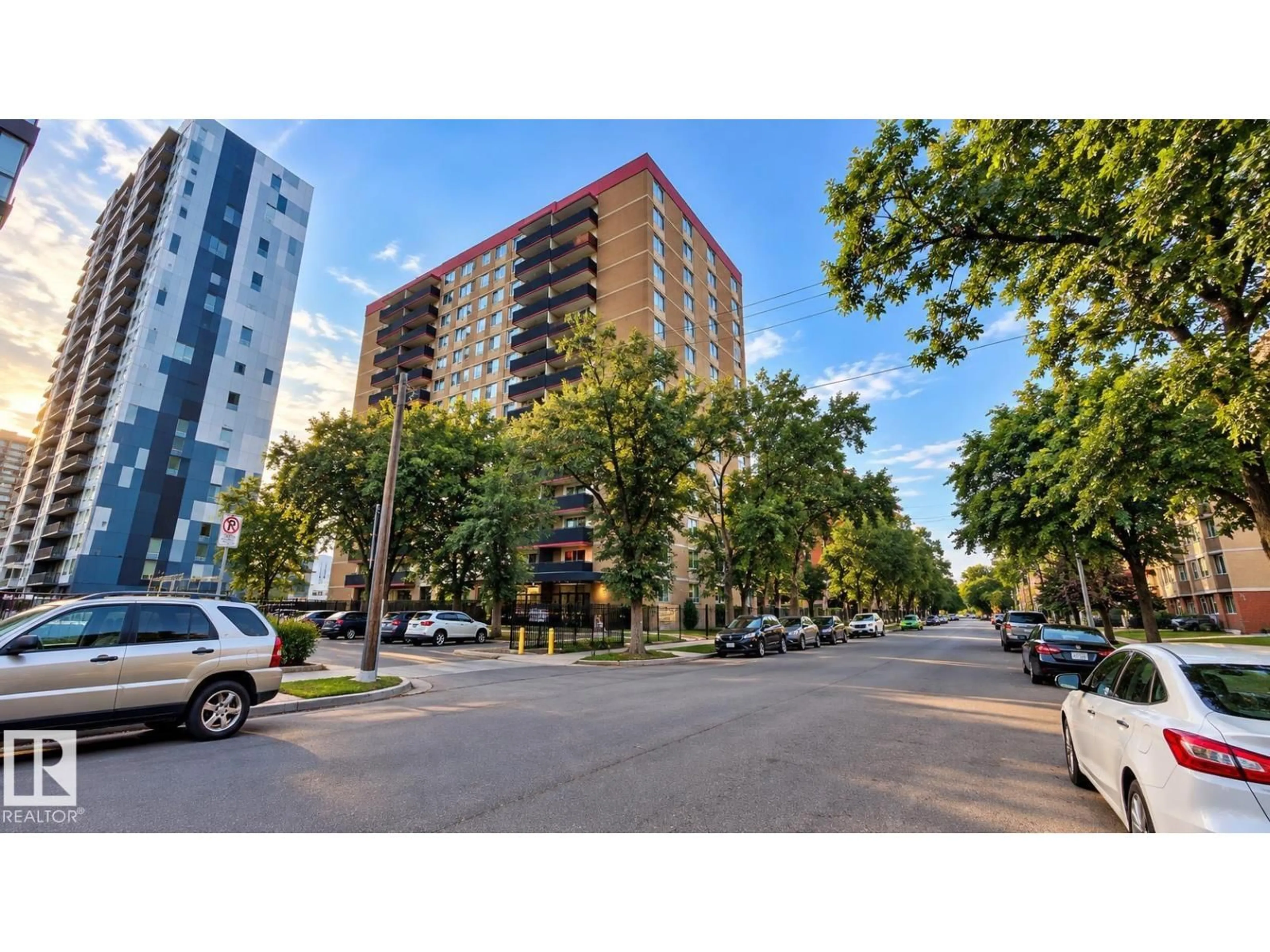 A pic from outside/outdoor area/front of a property/back of a property/a pic from drone, street for 10140 - 1007 120 ST NW, Edmonton Alberta T5K1Z8