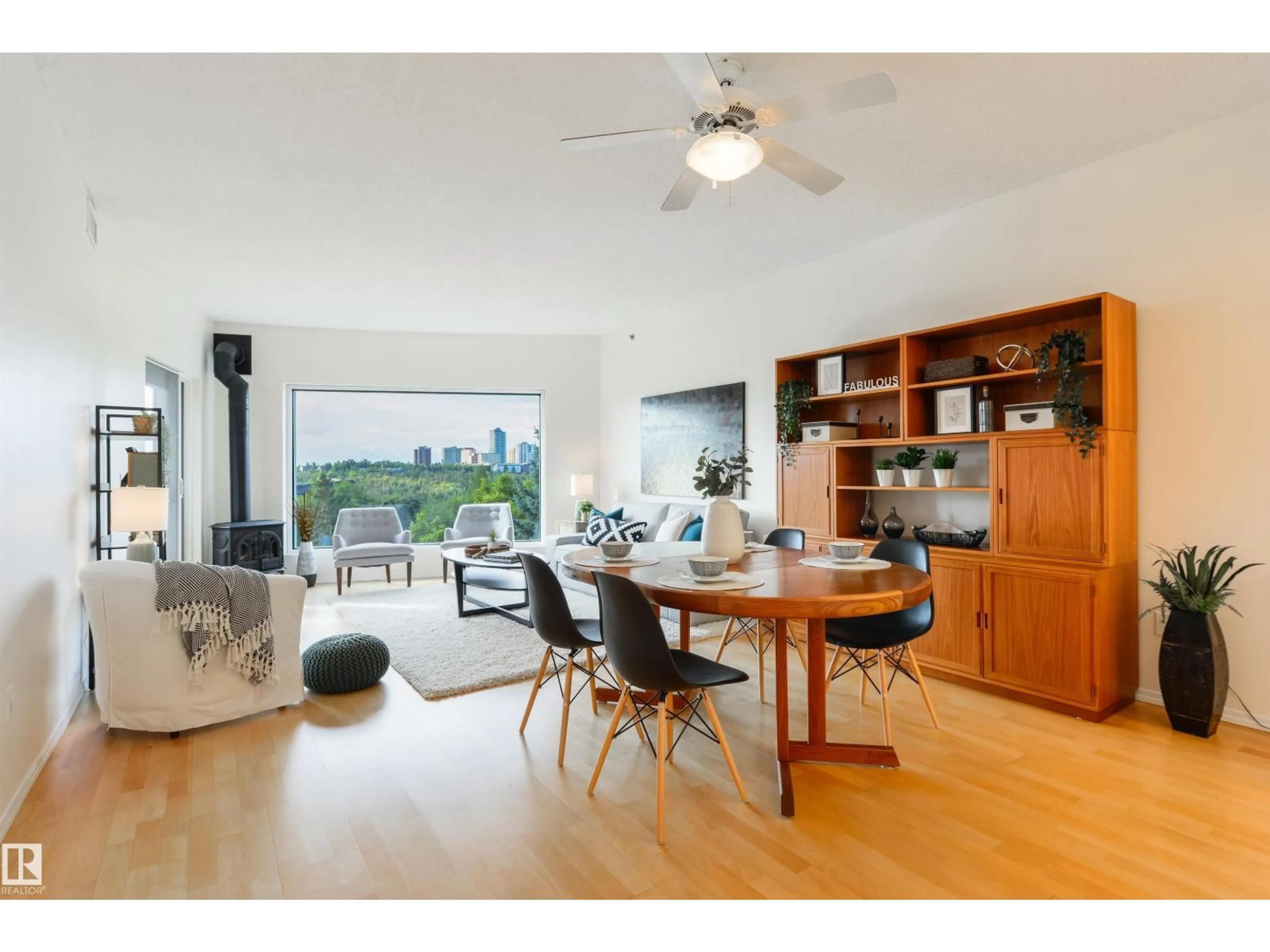 Open concept kitchen, wood/laminate floor for #402 - 9708 110 ST, Edmonton Alberta T5K2W3