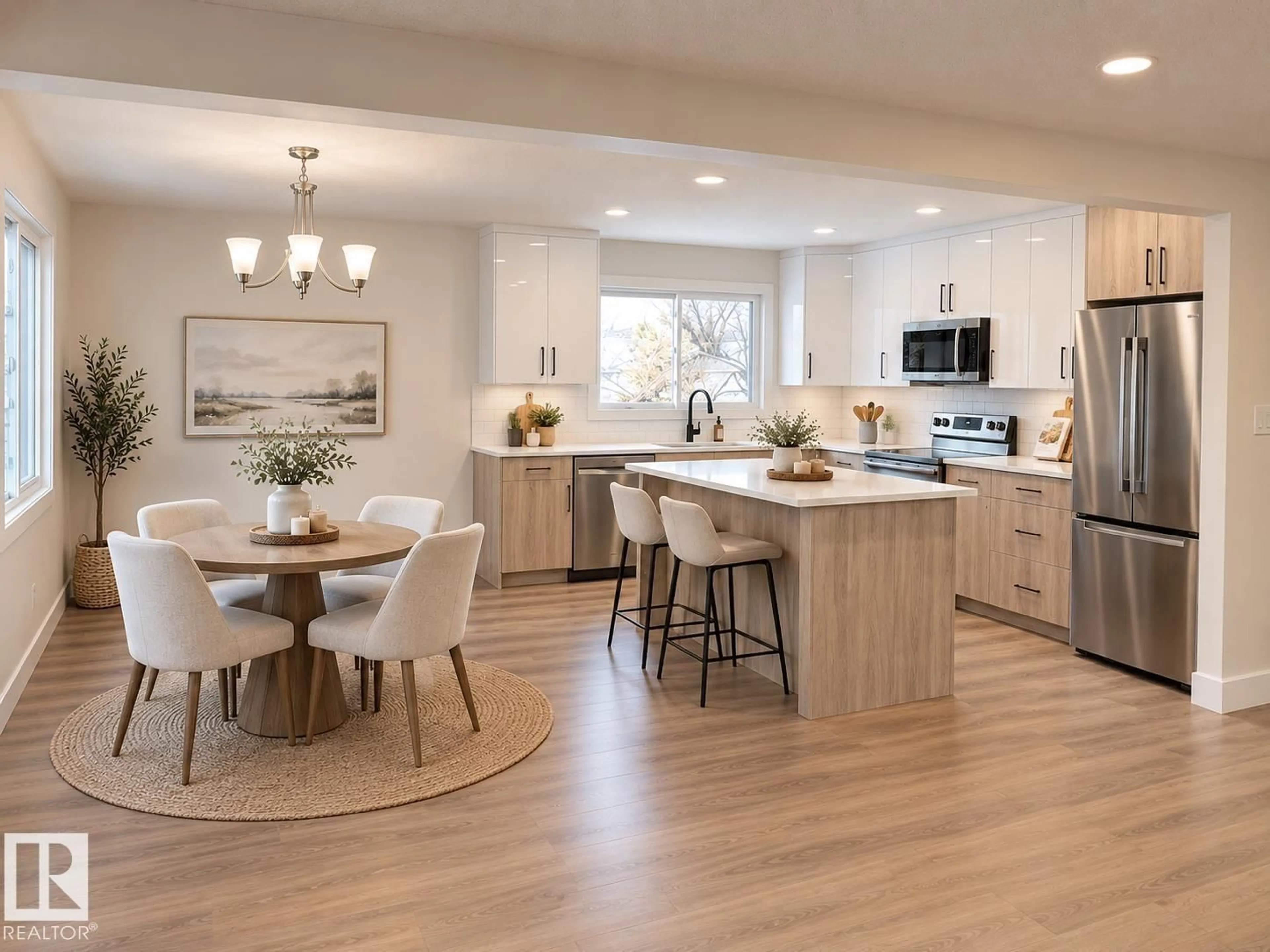 Open concept kitchen, wood/laminate floor for 10418 154 ST, Edmonton Alberta T5P2H8