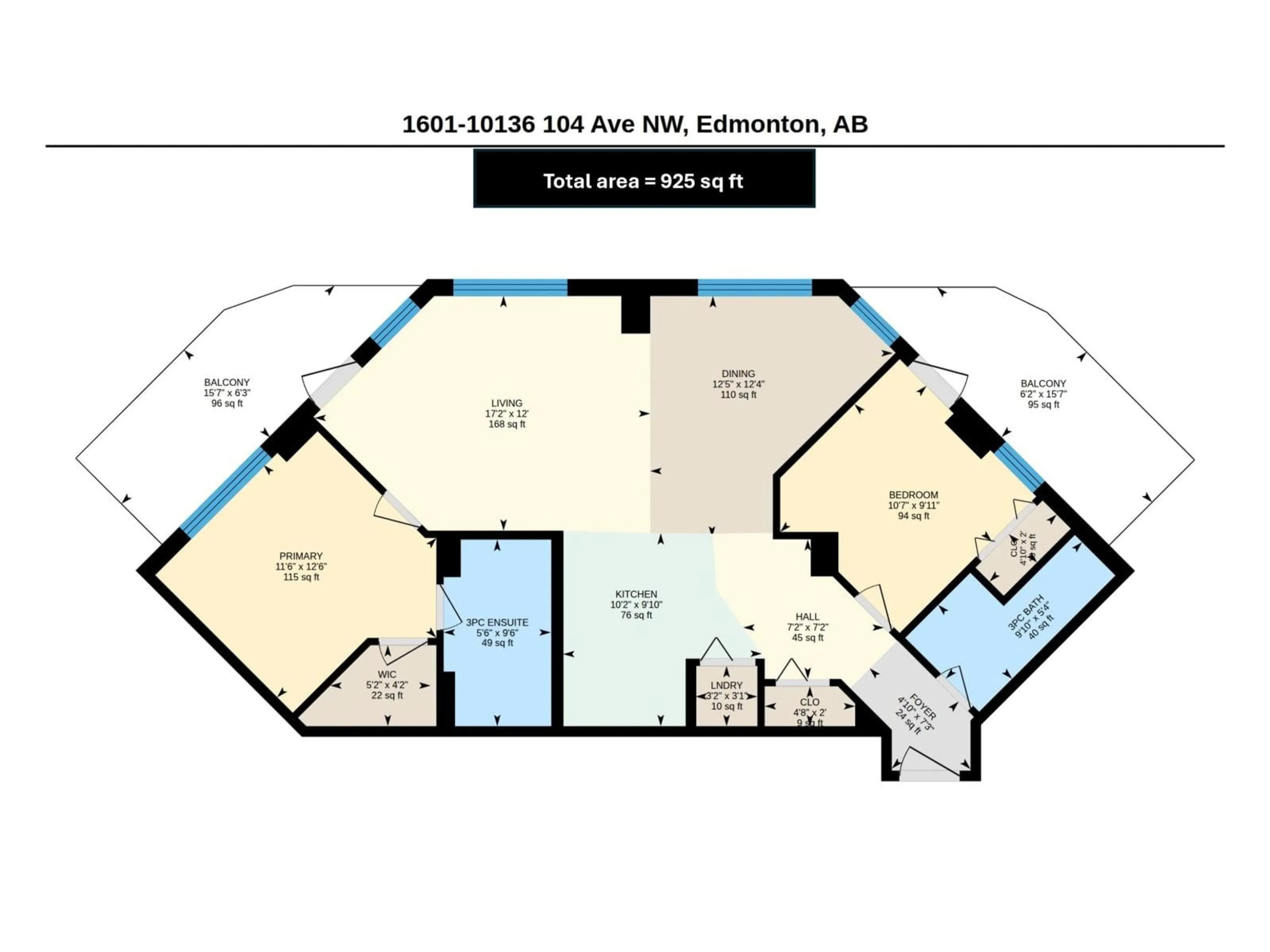 Floor plan for 1601 - 10136 104 ST NW, Edmonton Alberta T5J0B5