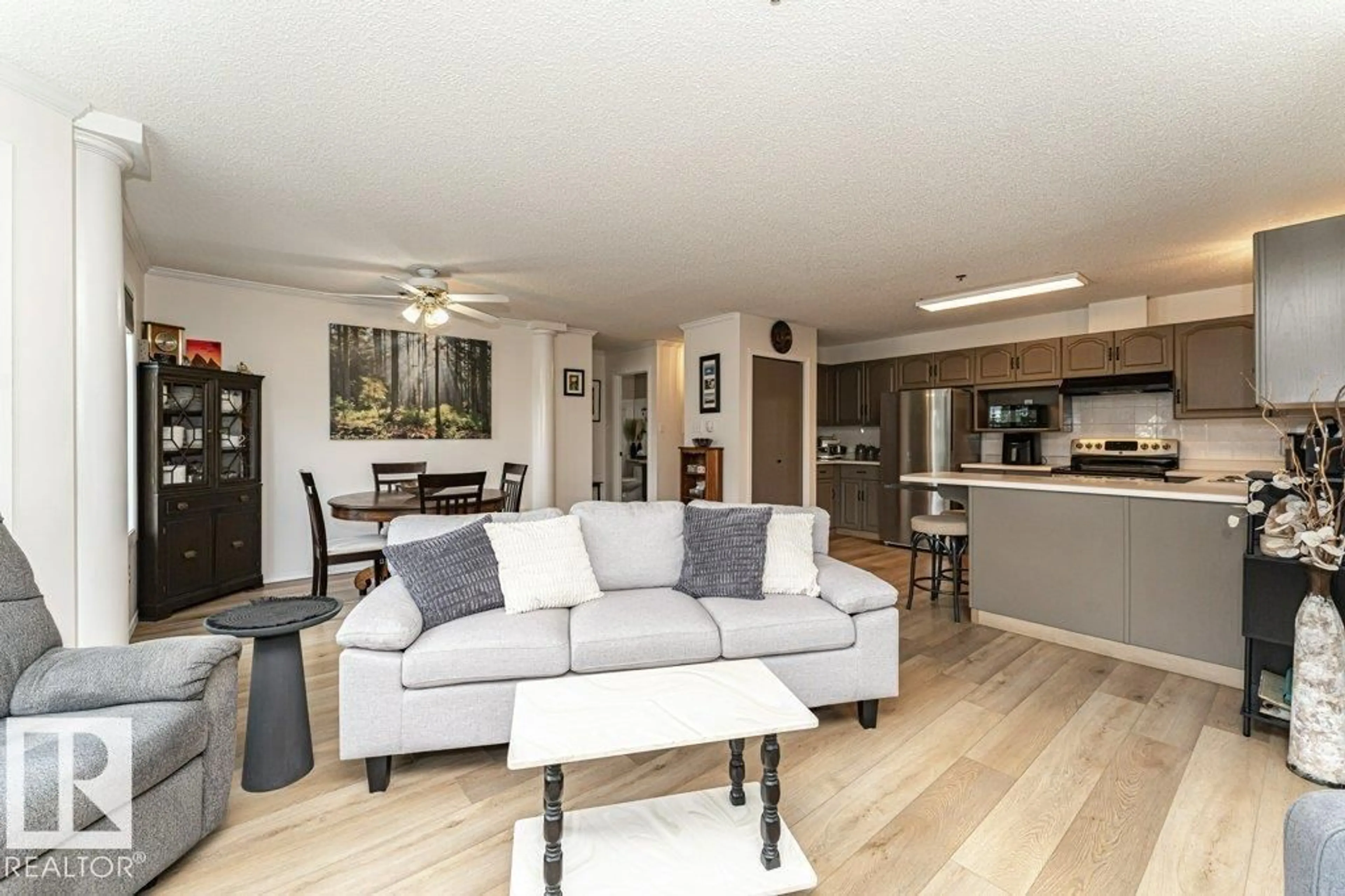 Living room with furniture, wood/laminate floor for #211 - 10610 76 ST, Edmonton Alberta T6A3Y9