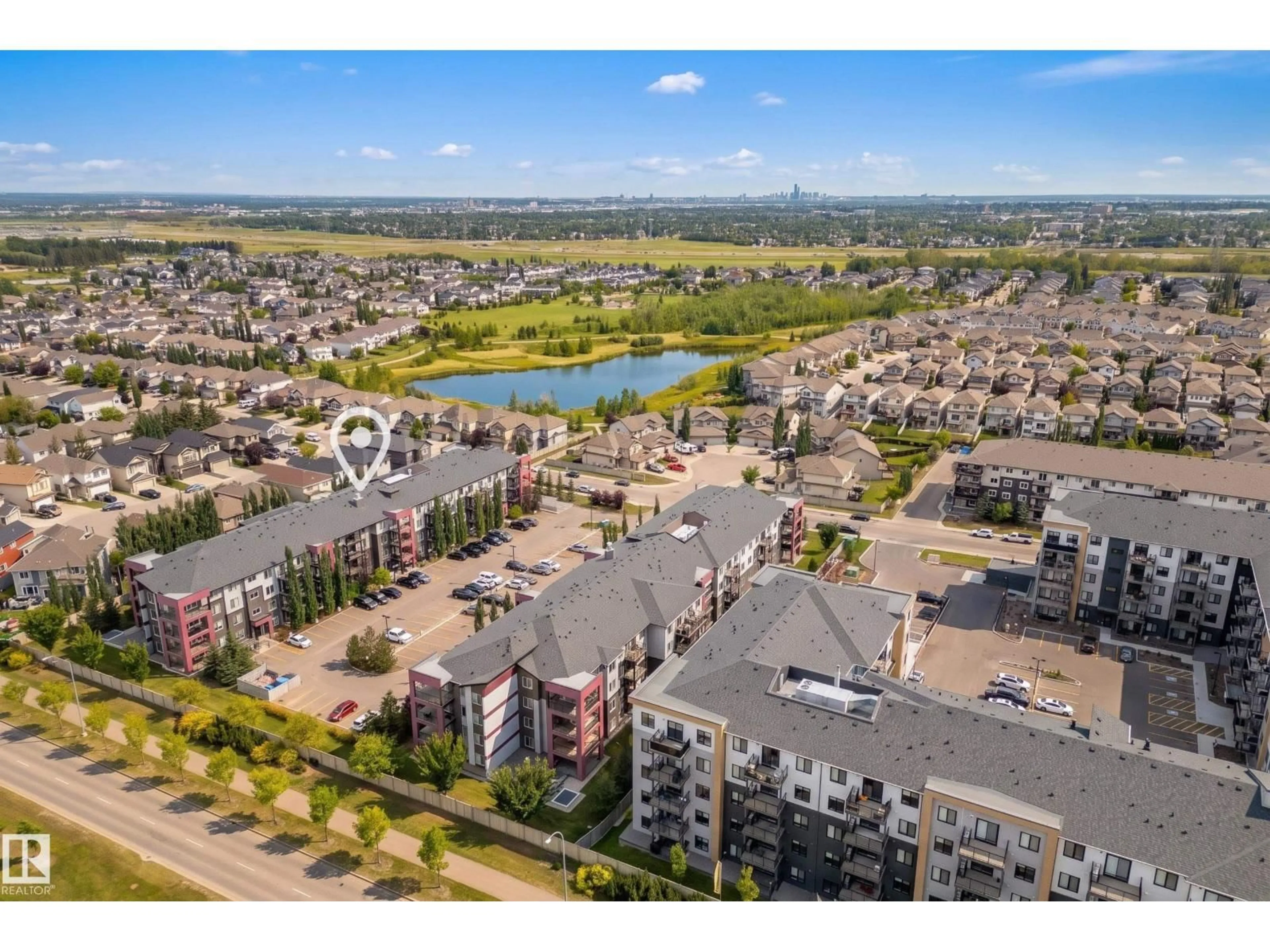 A pic from outside/outdoor area/front of a property/back of a property/a pic from drone, water/lake/river/ocean view for 419 - 5515 7 AV, Edmonton Alberta T6X2A8