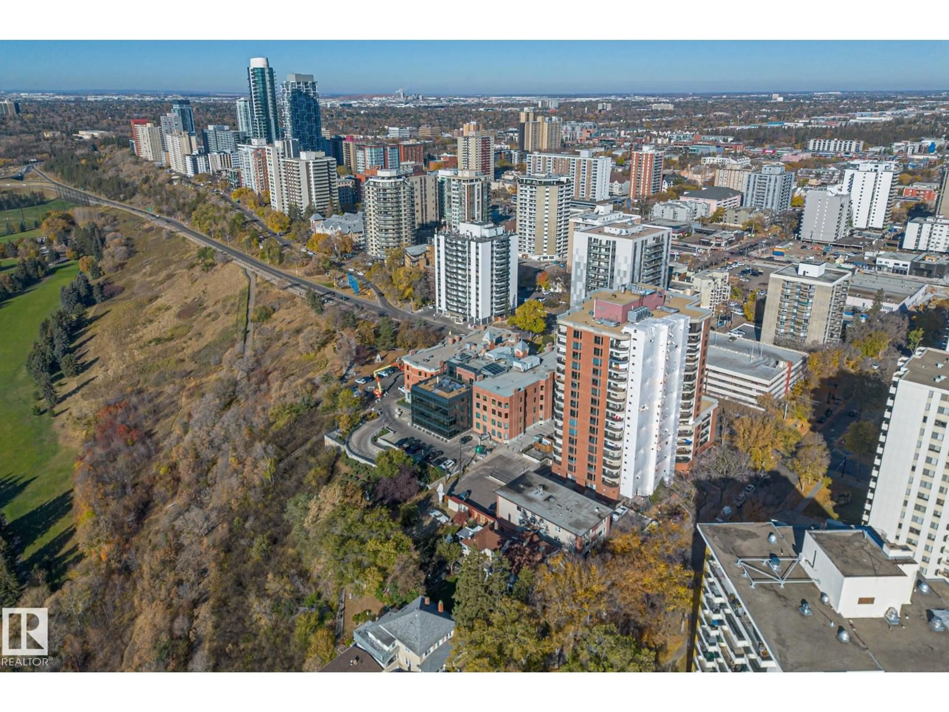 A pic from outside/outdoor area/front of a property/back of a property/a pic from drone, city buildings view from balcony for #602 - 11503 100 AV, Edmonton Alberta T5K2K7