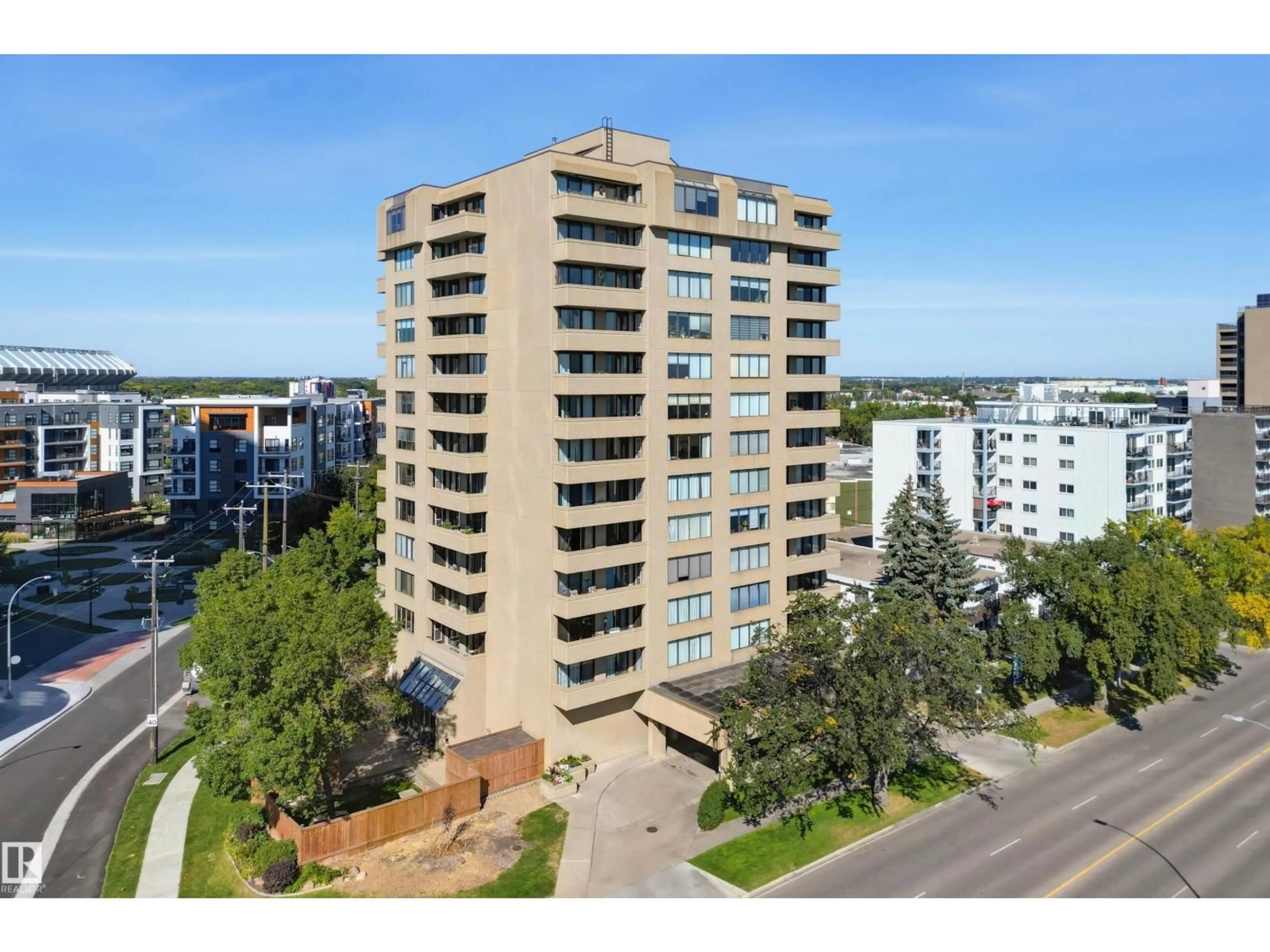 A pic from outside/outdoor area/front of a property/back of a property/a pic from drone, city buildings view from balcony for 203 - 8340 JASPER AV, Edmonton Alberta T5H4C6