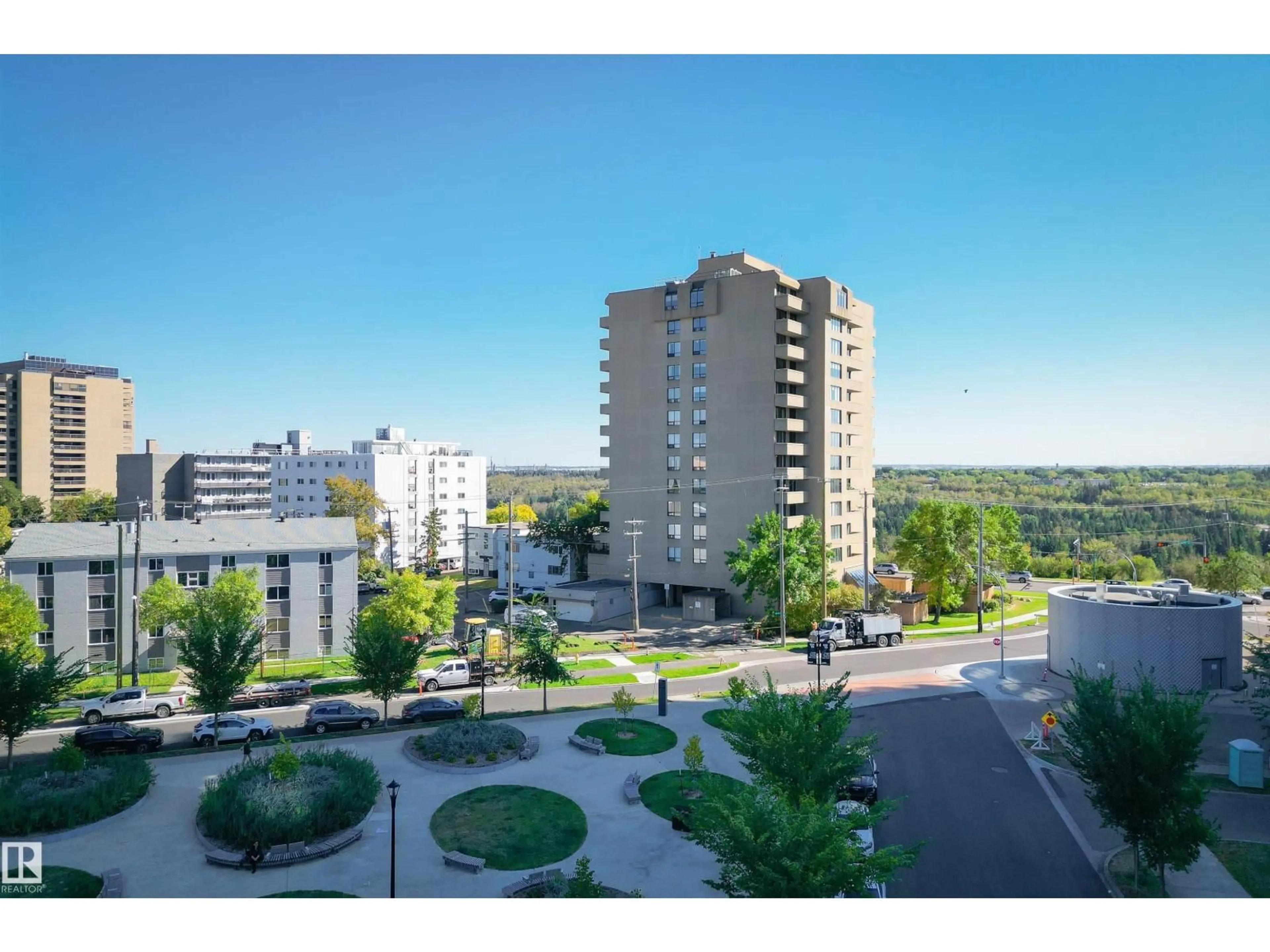 A pic from outside/outdoor area/front of a property/back of a property/a pic from drone, city buildings view from balcony for 203 - 8340 JASPER AV, Edmonton Alberta T5H4C6