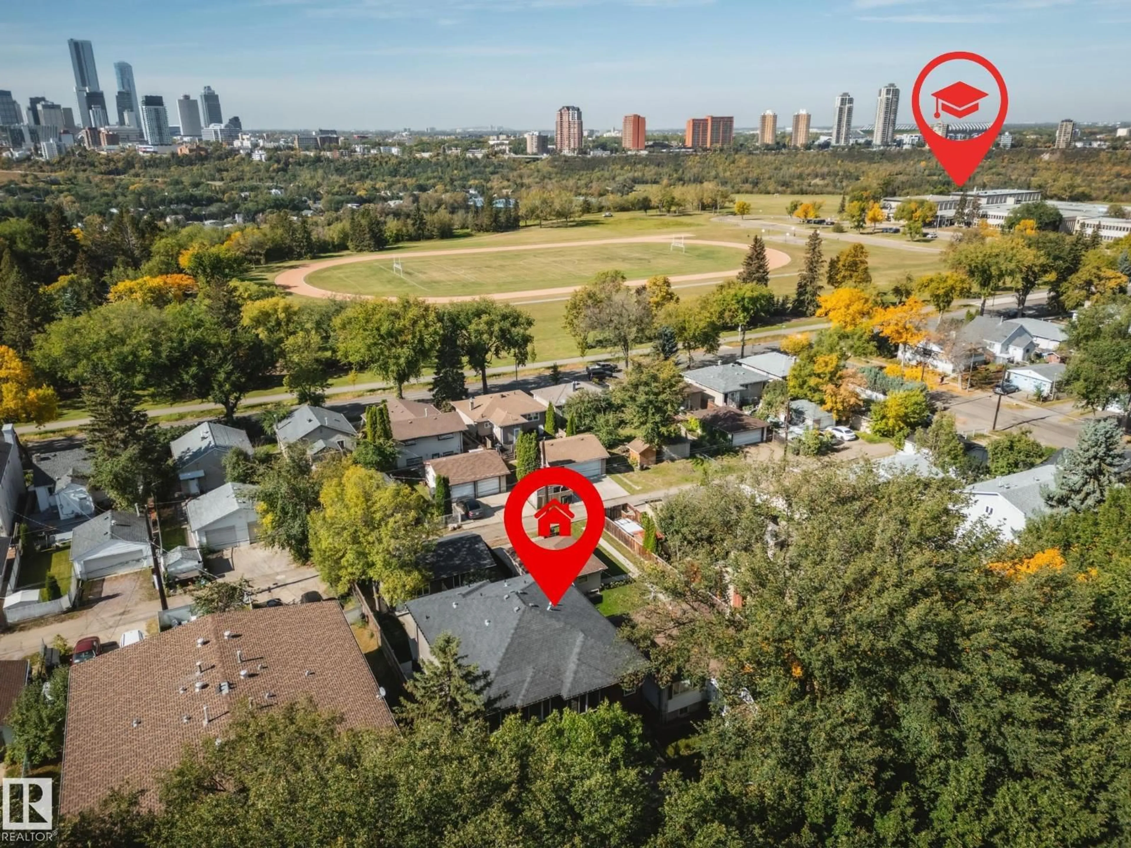 A pic from outside/outdoor area/front of a property/back of a property/a pic from drone, city buildings view from balcony for 10328 83 ST, Edmonton Alberta T6A3P1