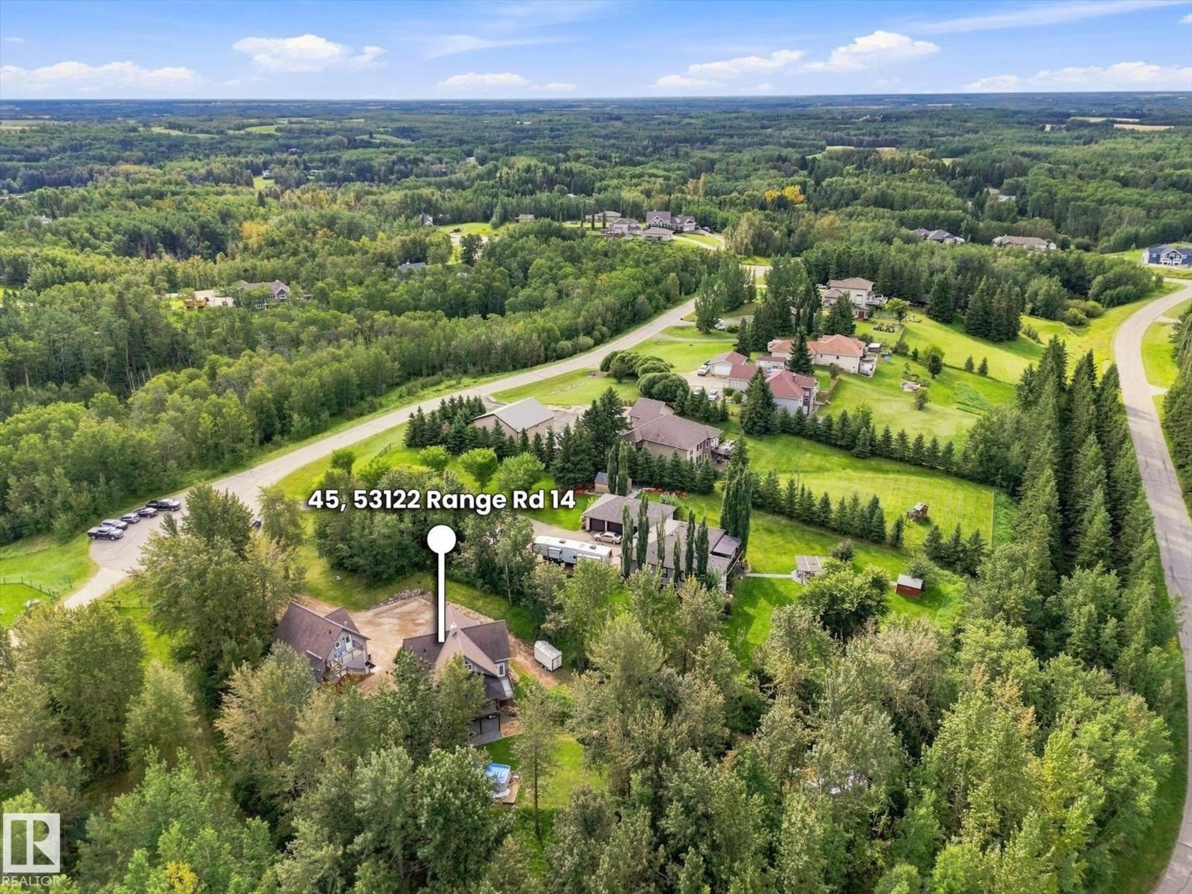 A pic from outside/outdoor area/front of a property/back of a property/a pic from drone, forest/trees view for 45 53122 RGE ROAD 14, Rural Parkland County Alberta T7Y2T3