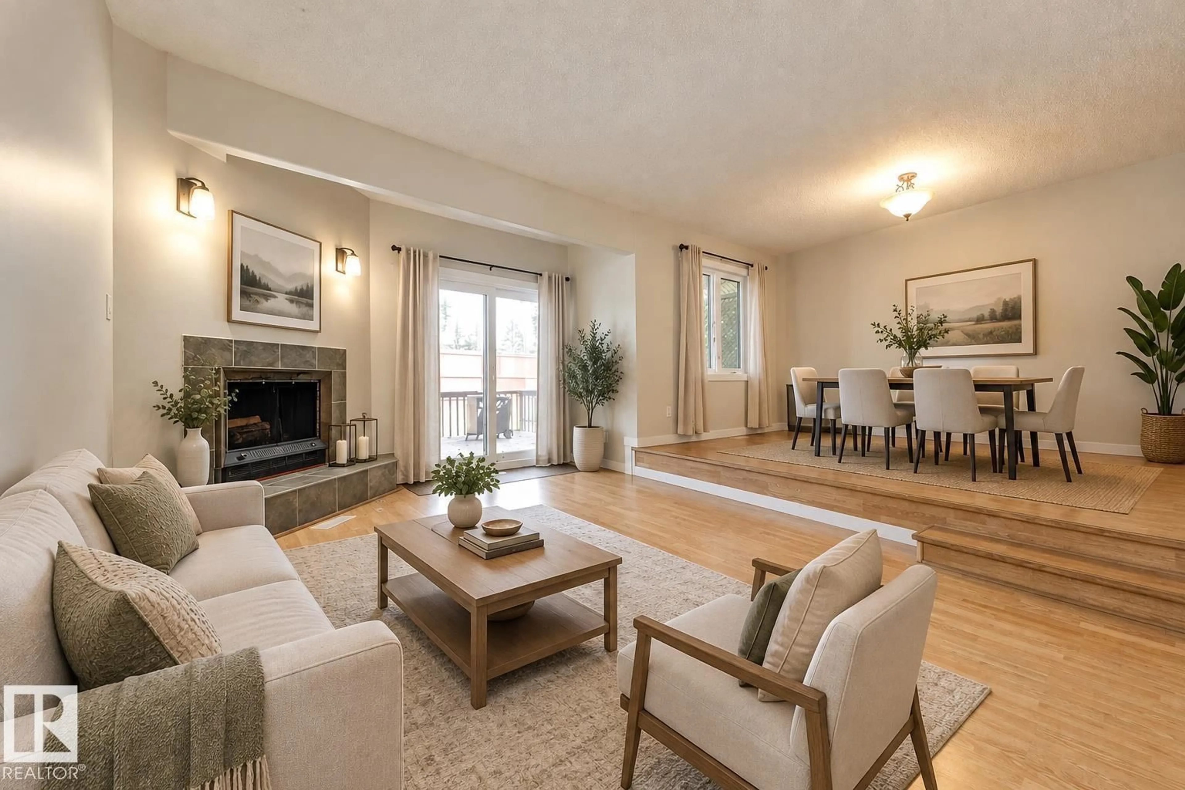 Living room with furniture, wood/laminate floor for 94 LACOMBE PT, St. Albert Alberta T8N3P7
