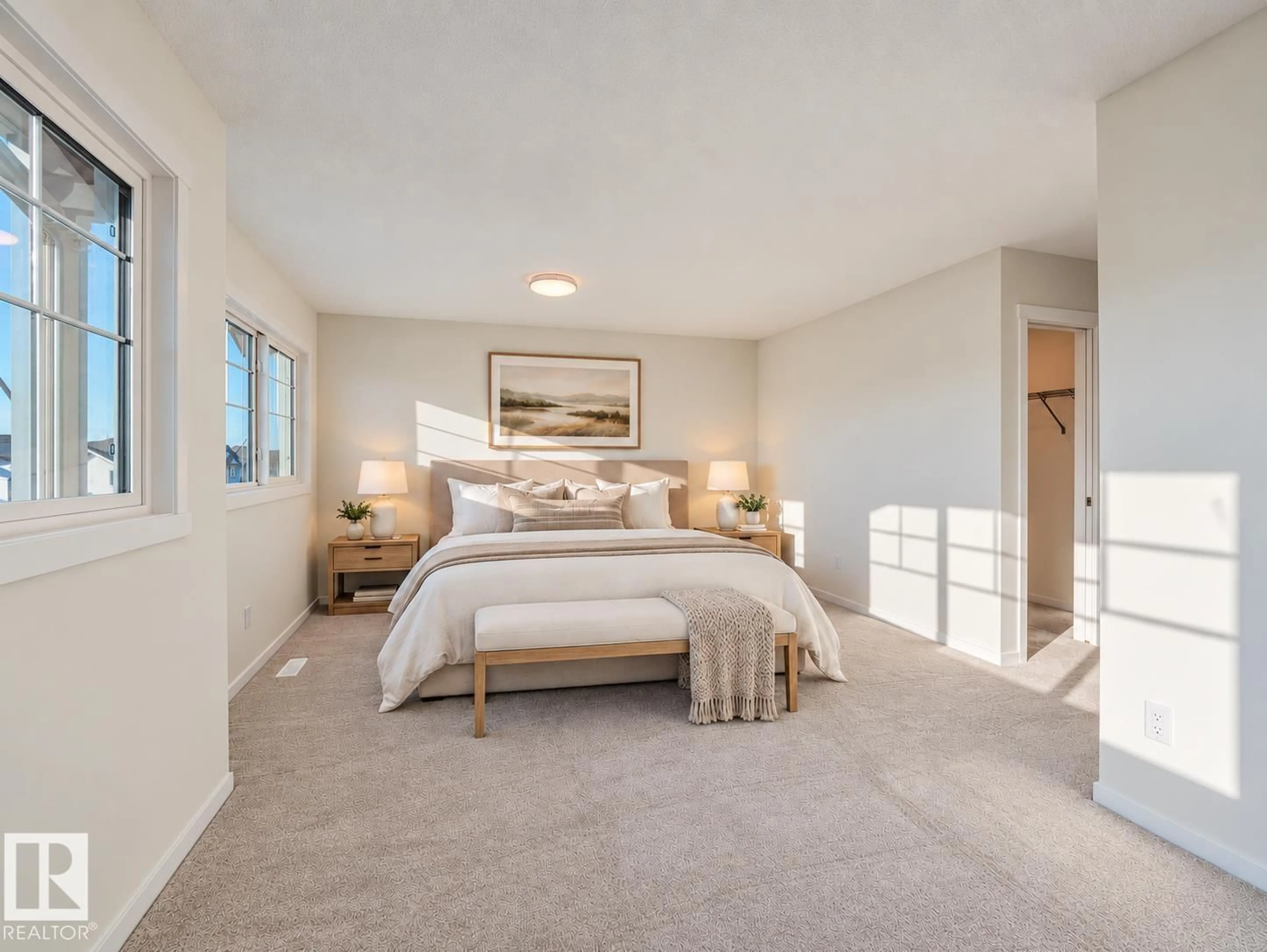 Bedroom with bed, carpet floor for NW - 2427 206 ST, Edmonton Alberta T6M1N9