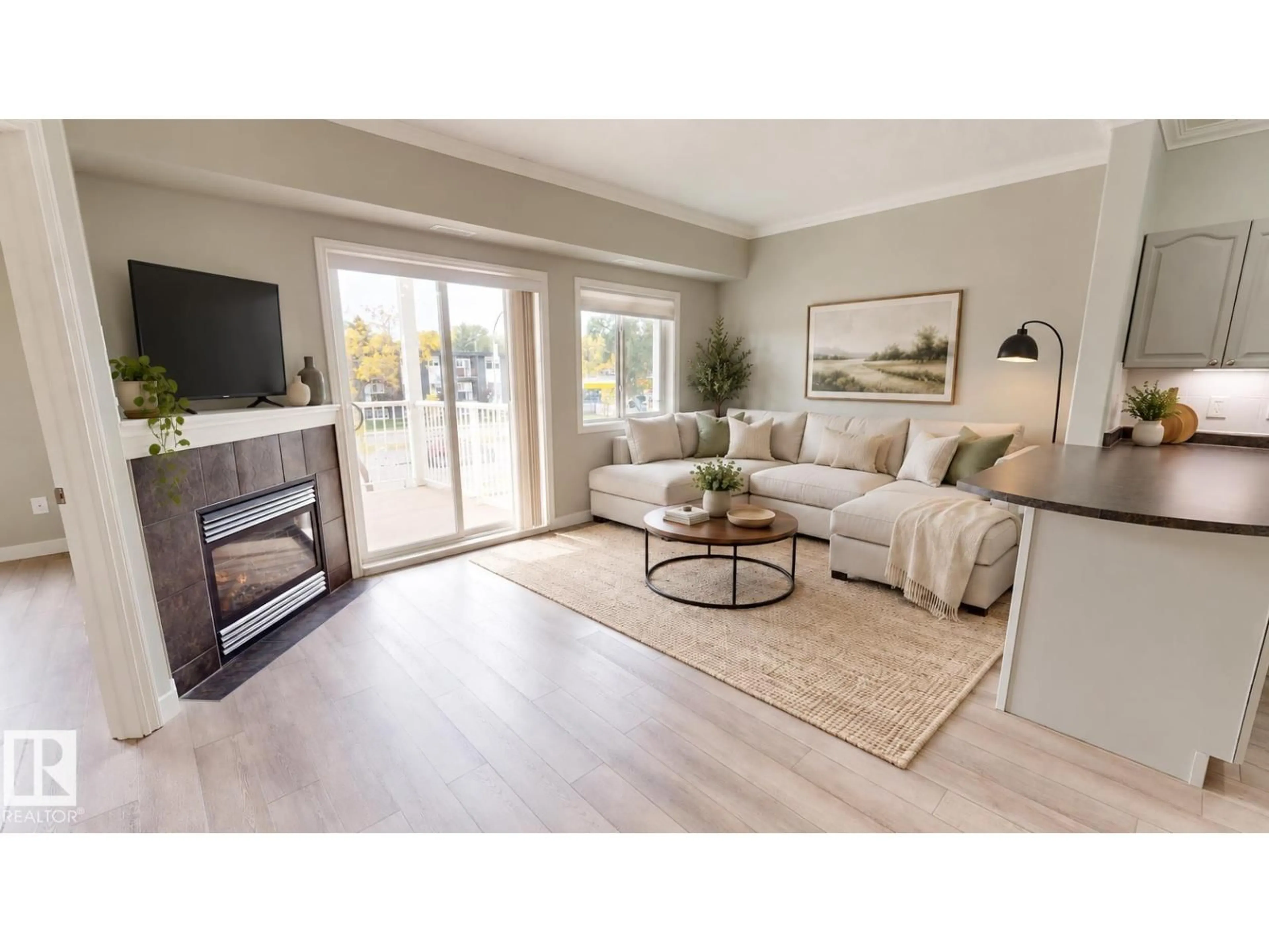 Living room with furniture, wood/laminate floor for #203 - 8528 82 AV, Edmonton Alberta T6C0Y8