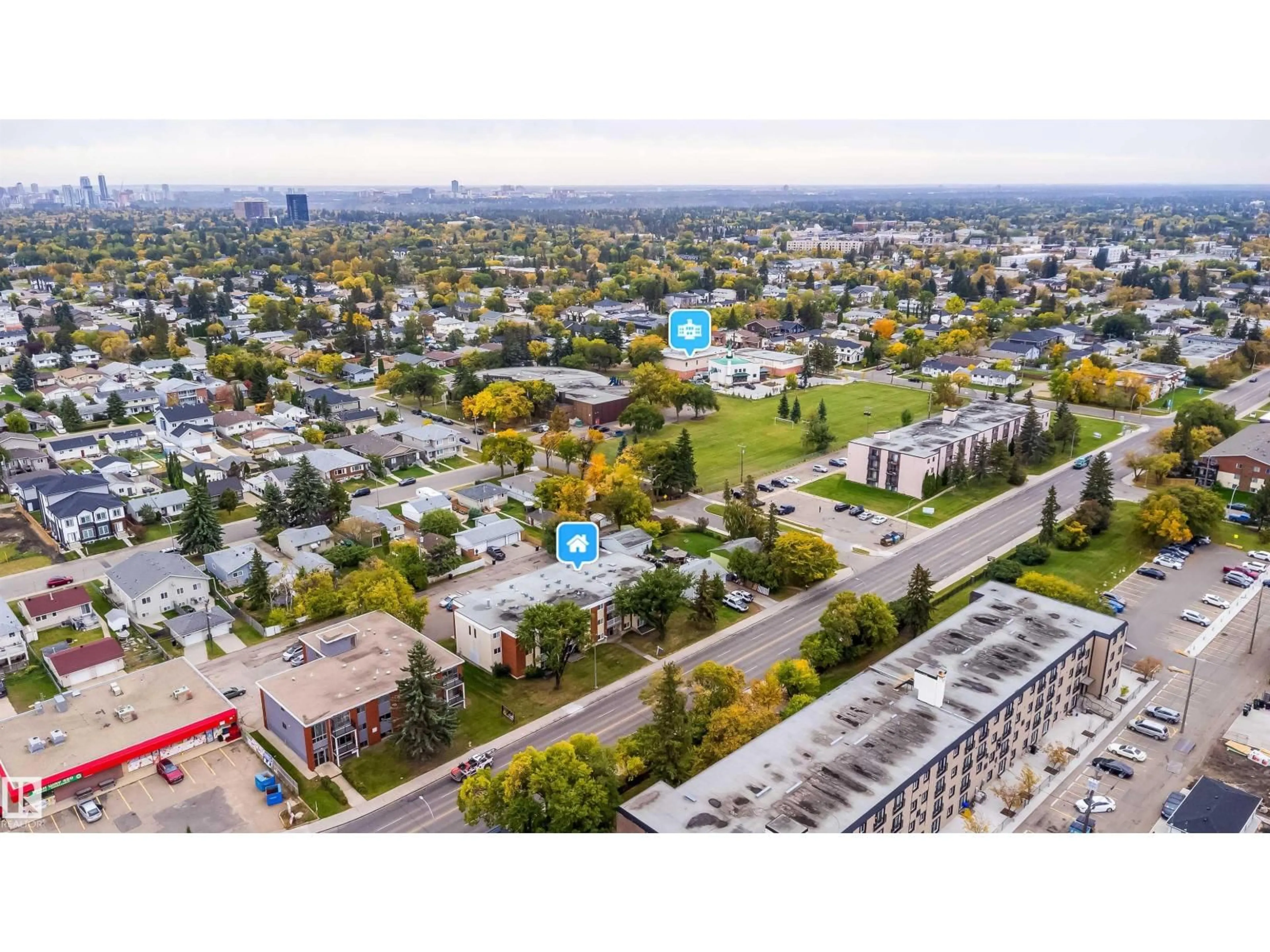 A pic from outside/outdoor area/front of a property/back of a property/a pic from drone, city buildings view from balcony for 202 - 10615 156 ST, Edmonton Alberta T5P2S2