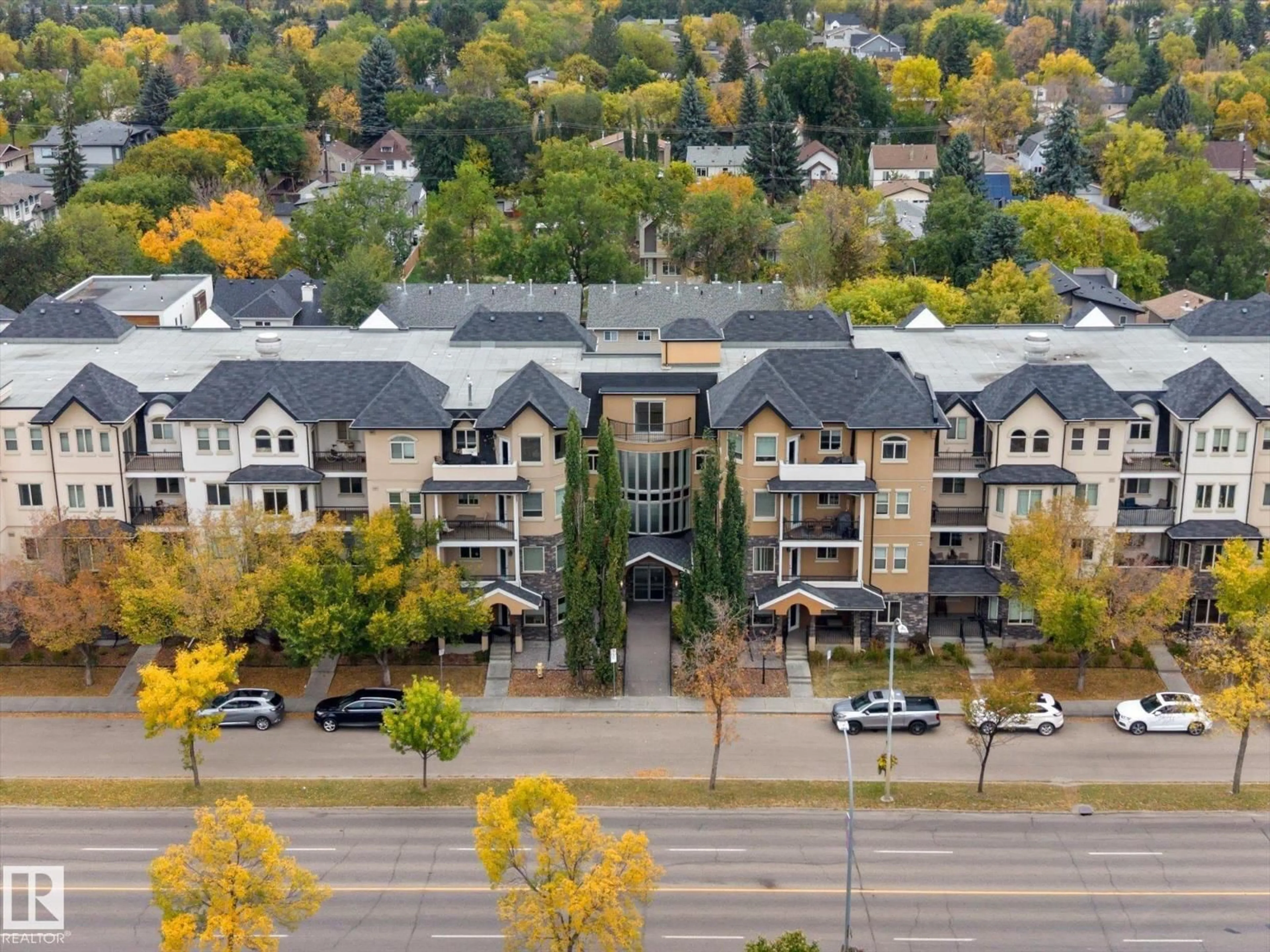 A pic from outside/outdoor area/front of a property/back of a property/a pic from drone, city buildings view from balcony for #305 - 8730 82 AV, Edmonton Alberta T6C0Z1