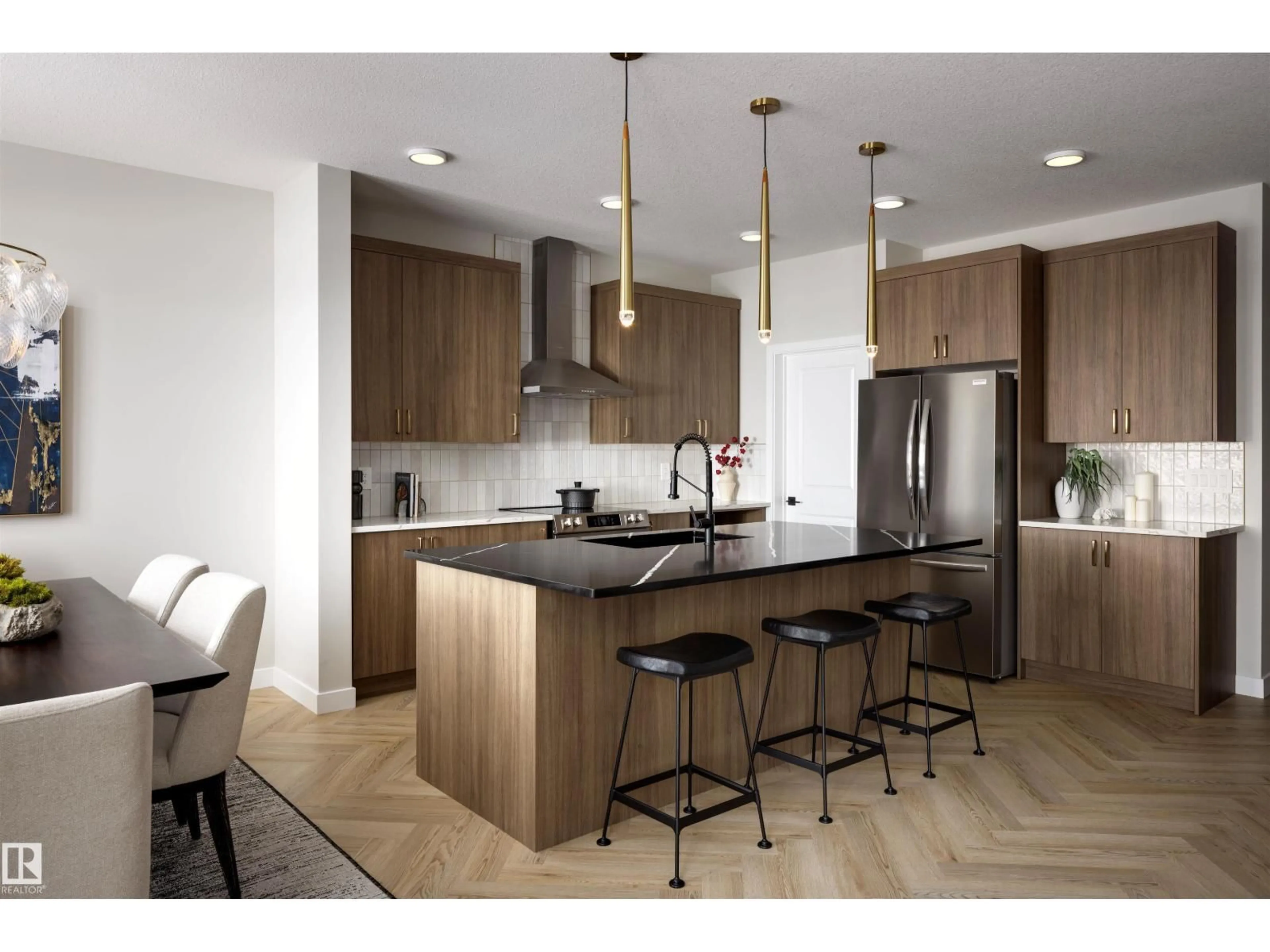 Open concept kitchen, wood/laminate floor for 16 CLICHY CL, St. Albert Alberta T8T2E3