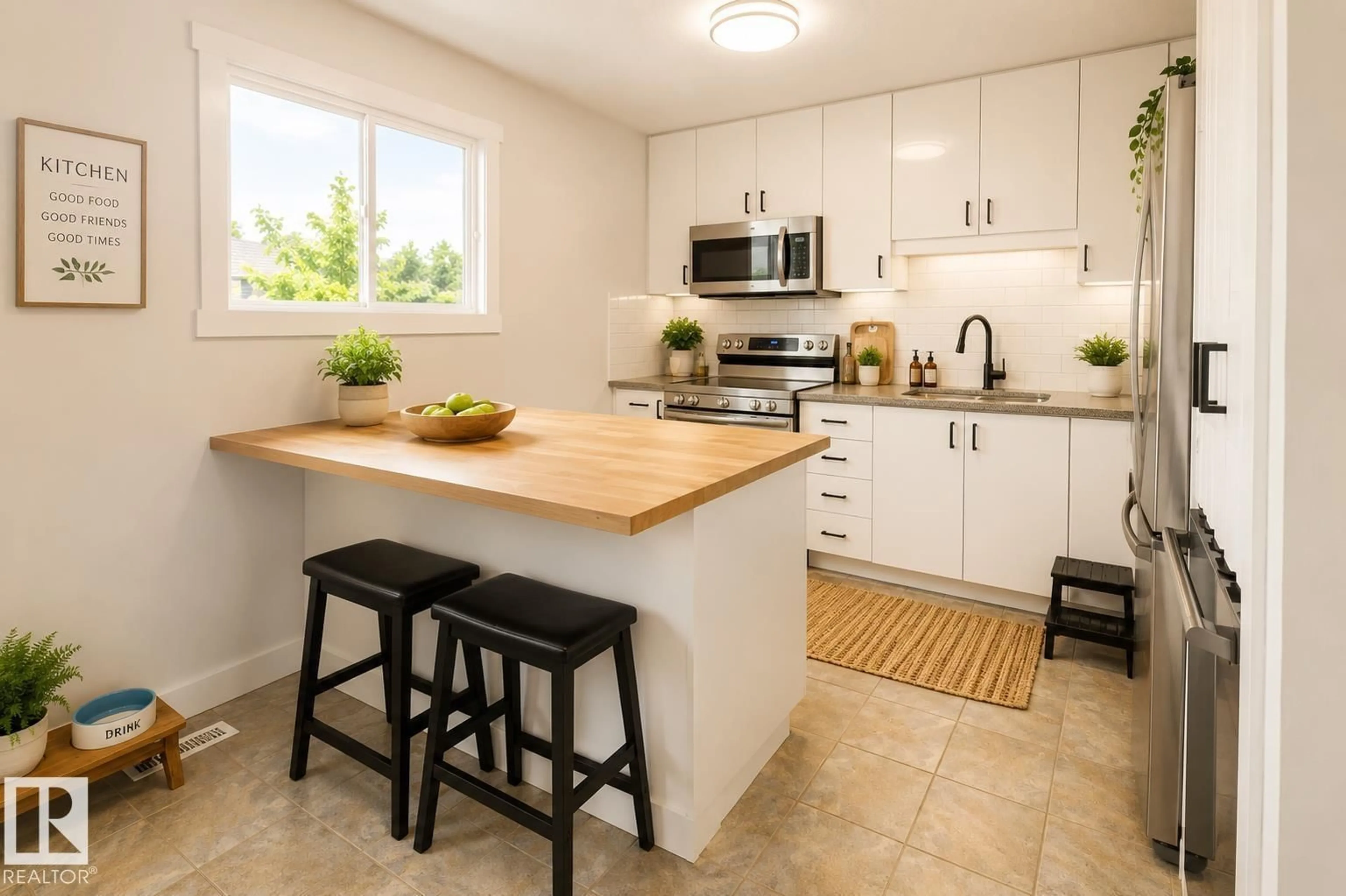 Open concept kitchen, ceramic/tile floor for NW - 8326 157 AV, Edmonton Alberta T5Z2P7