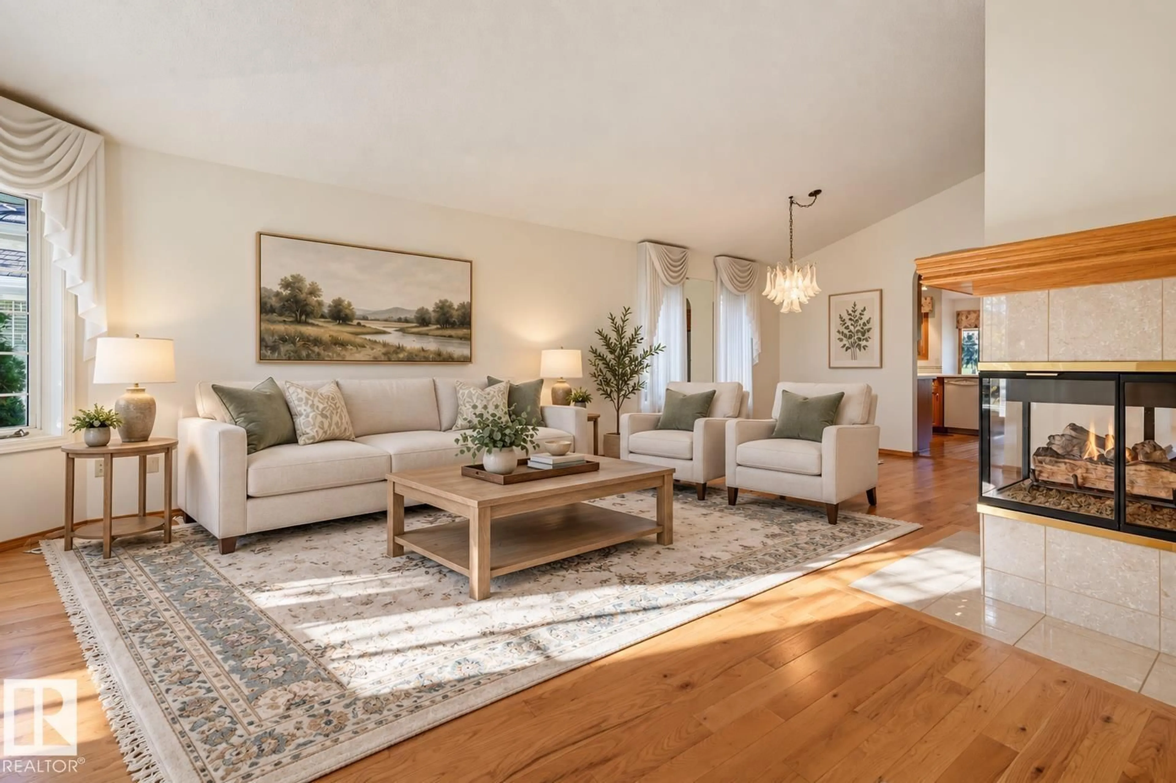 Living room with furniture, wood/laminate floor for 127 IRONWOOD PL, Edmonton Alberta T6J6R4