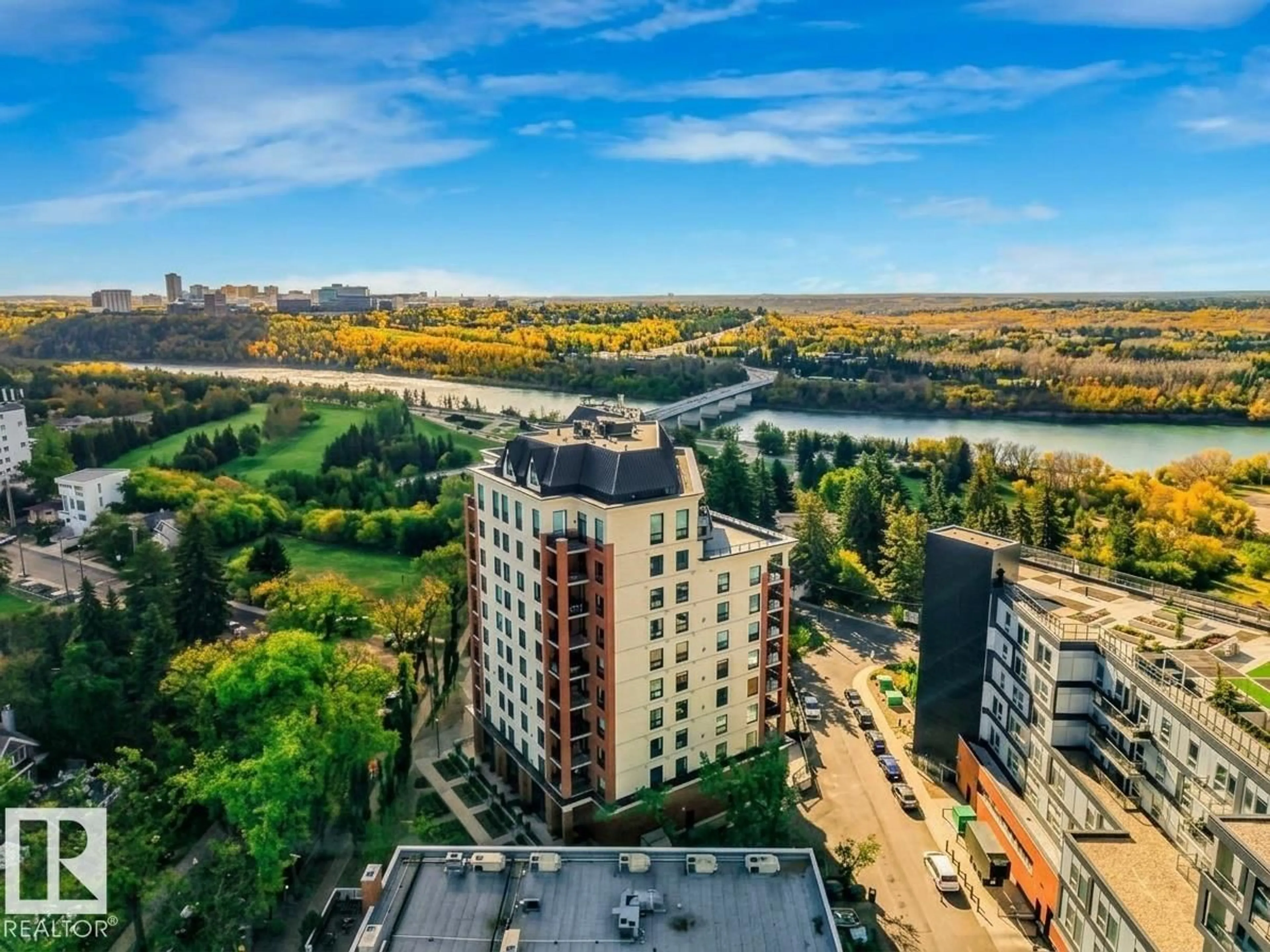 A pic from outside/outdoor area/front of a property/back of a property/a pic from drone, city buildings view from balcony for 902 - 10108 125 ST, Edmonton Alberta T5N4B6