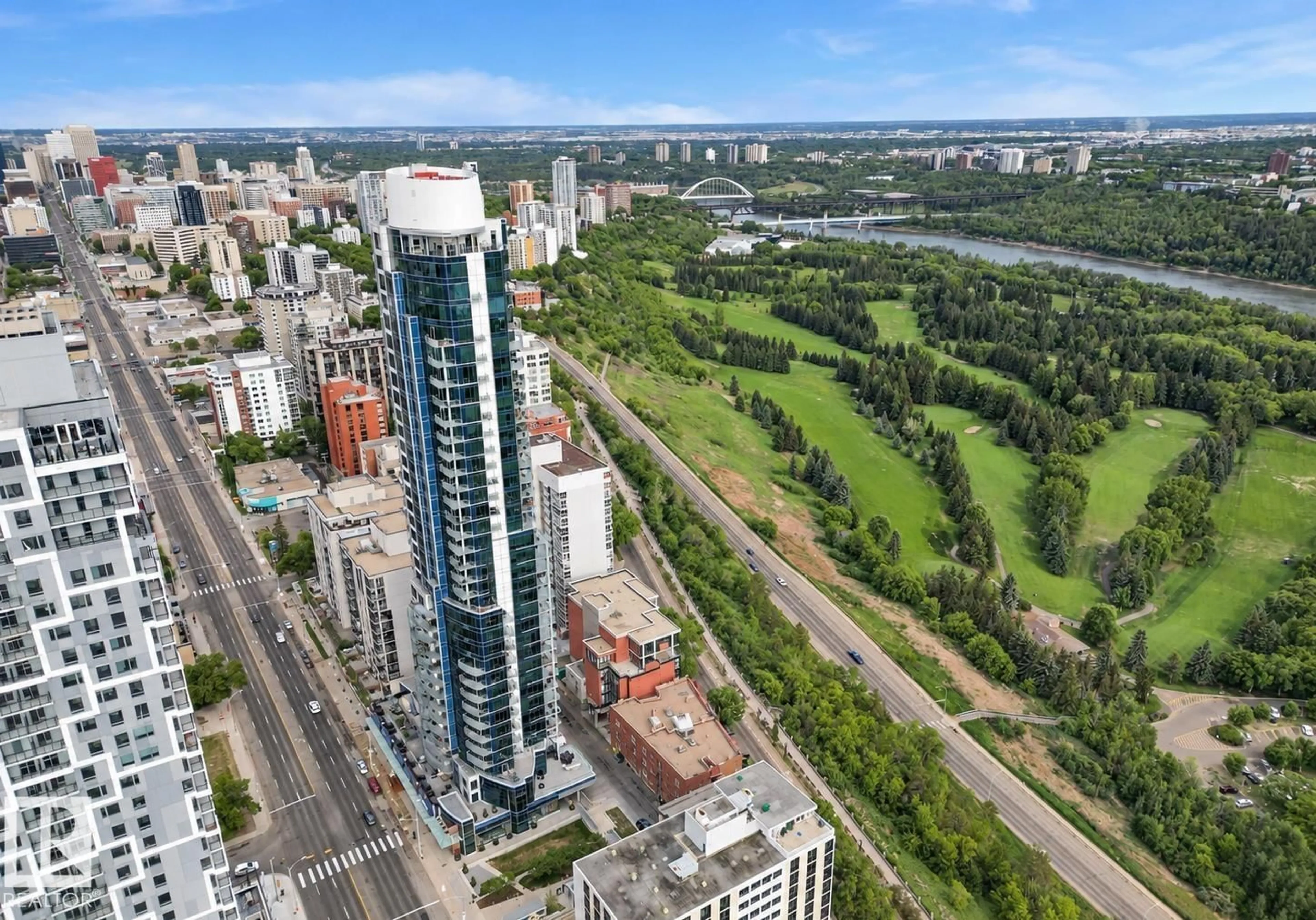 A pic from outside/outdoor area/front of a property/back of a property/a pic from drone, city buildings view from balcony for 3201 JASPER AV, Edmonton Alberta T5K0P1