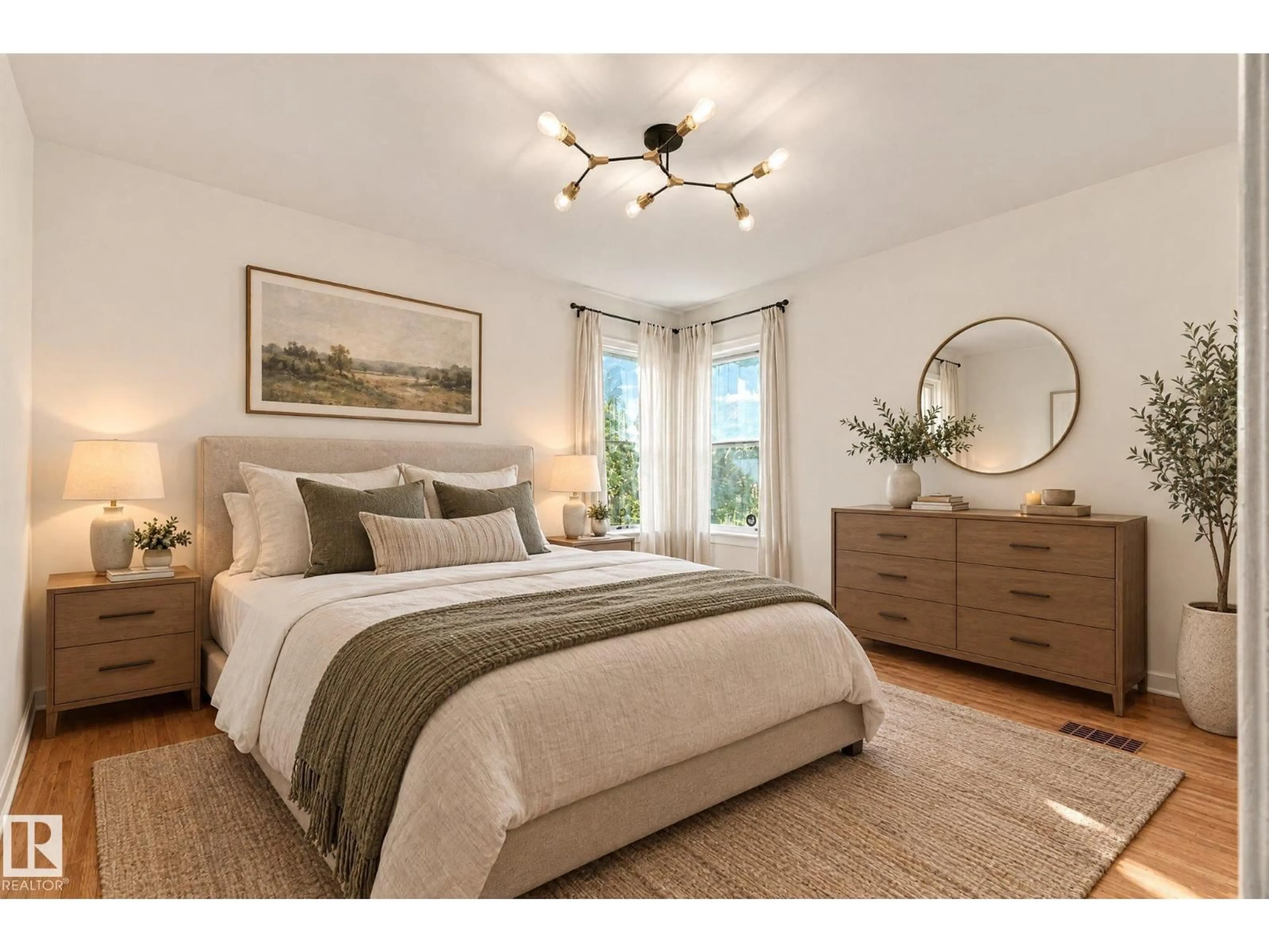 Bedroom with bed, wood/laminate floor for NW - 11718 129 ST, Edmonton Alberta T5M0Y7