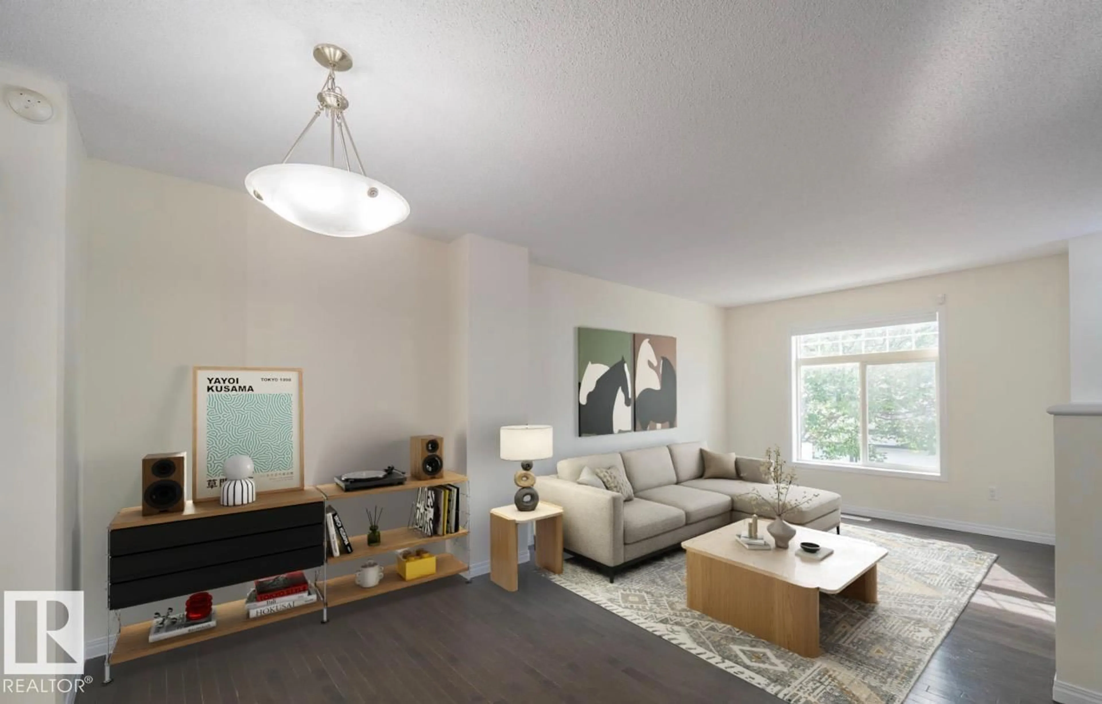 Living room with furniture, wood/laminate floor for #66 - 465 HEMINGWAY RD, Edmonton Alberta T6M0J7