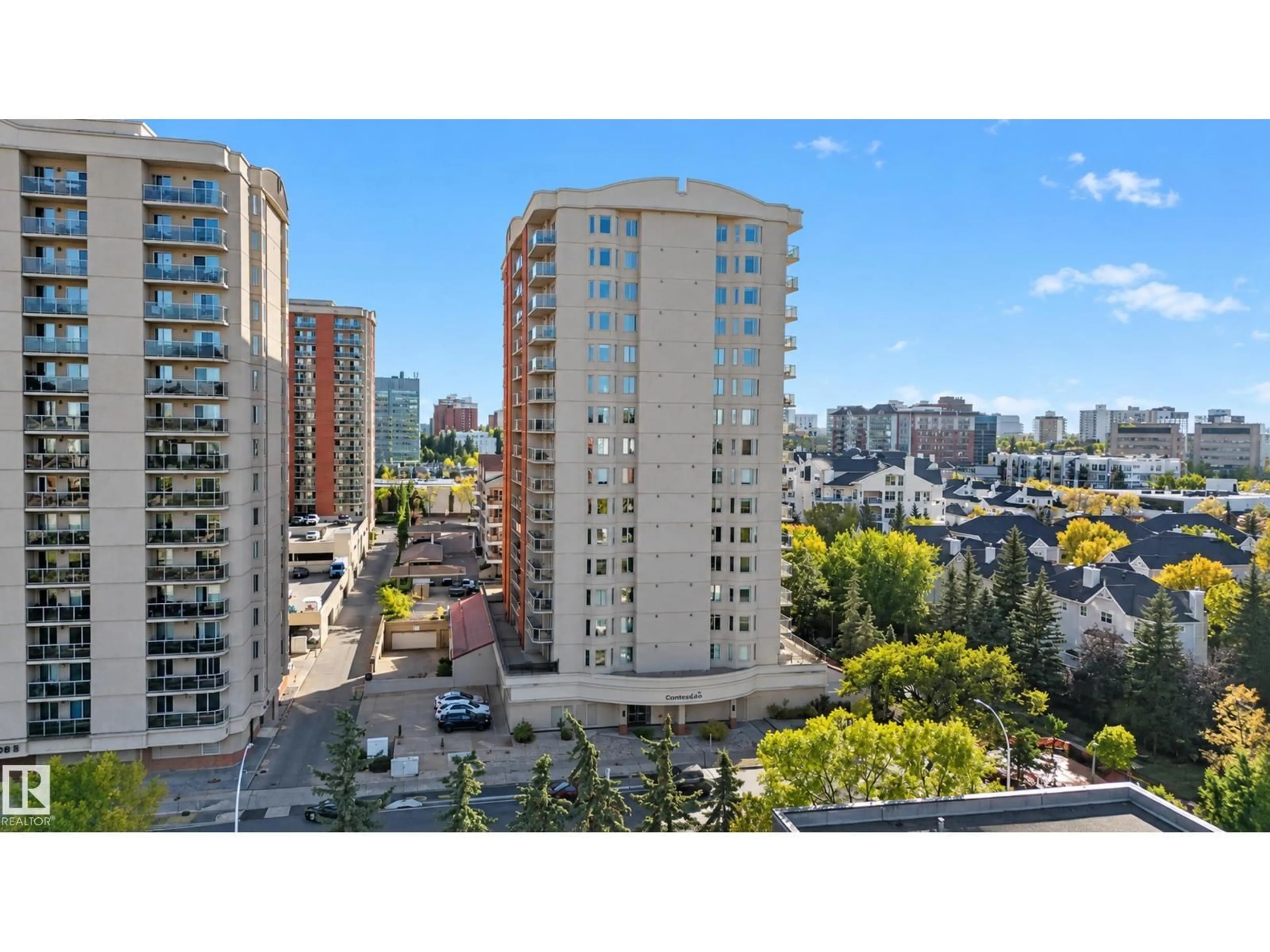 A pic from outside/outdoor area/front of a property/back of a property/a pic from drone, city buildings view from balcony for 1106 10909 103 AV NW, Edmonton Alberta T5K2W7