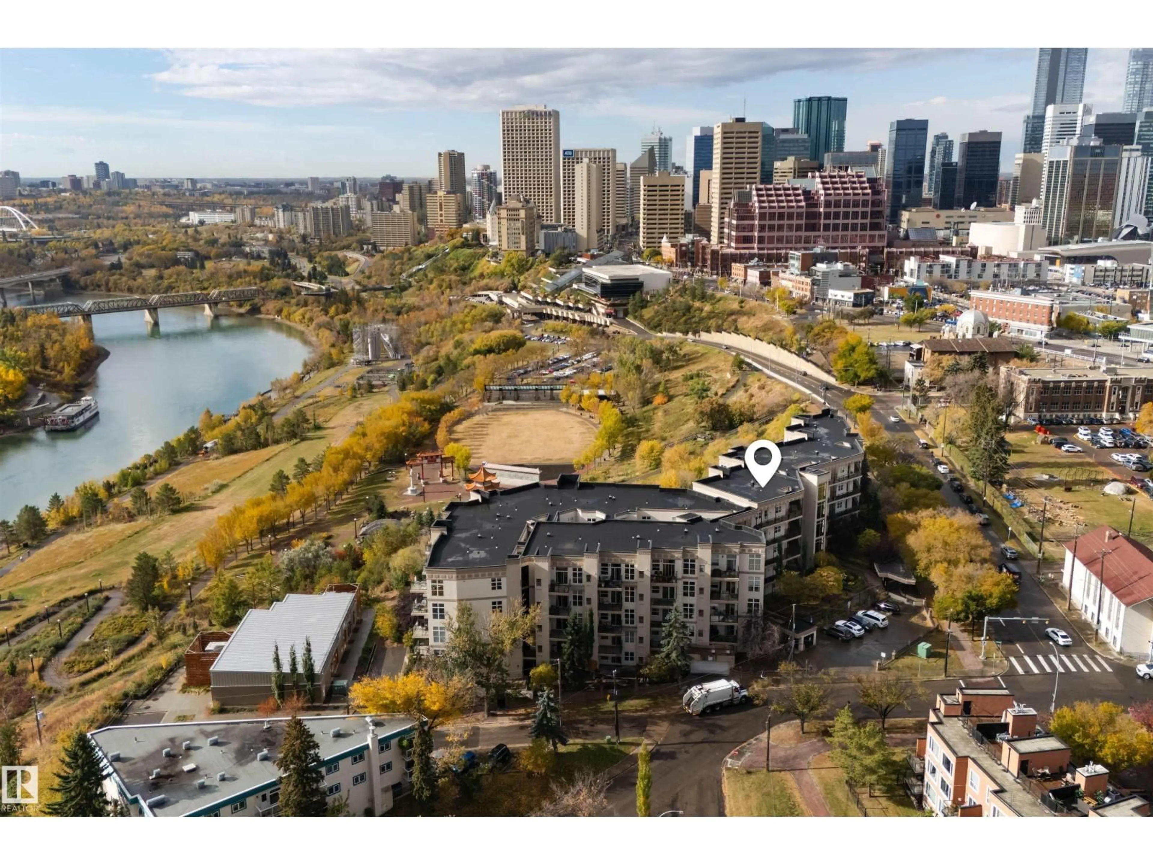 A pic from outside/outdoor area/front of a property/back of a property/a pic from drone, city buildings view from balcony for #412 - 9503 101 AV, Edmonton Alberta T5H4R1