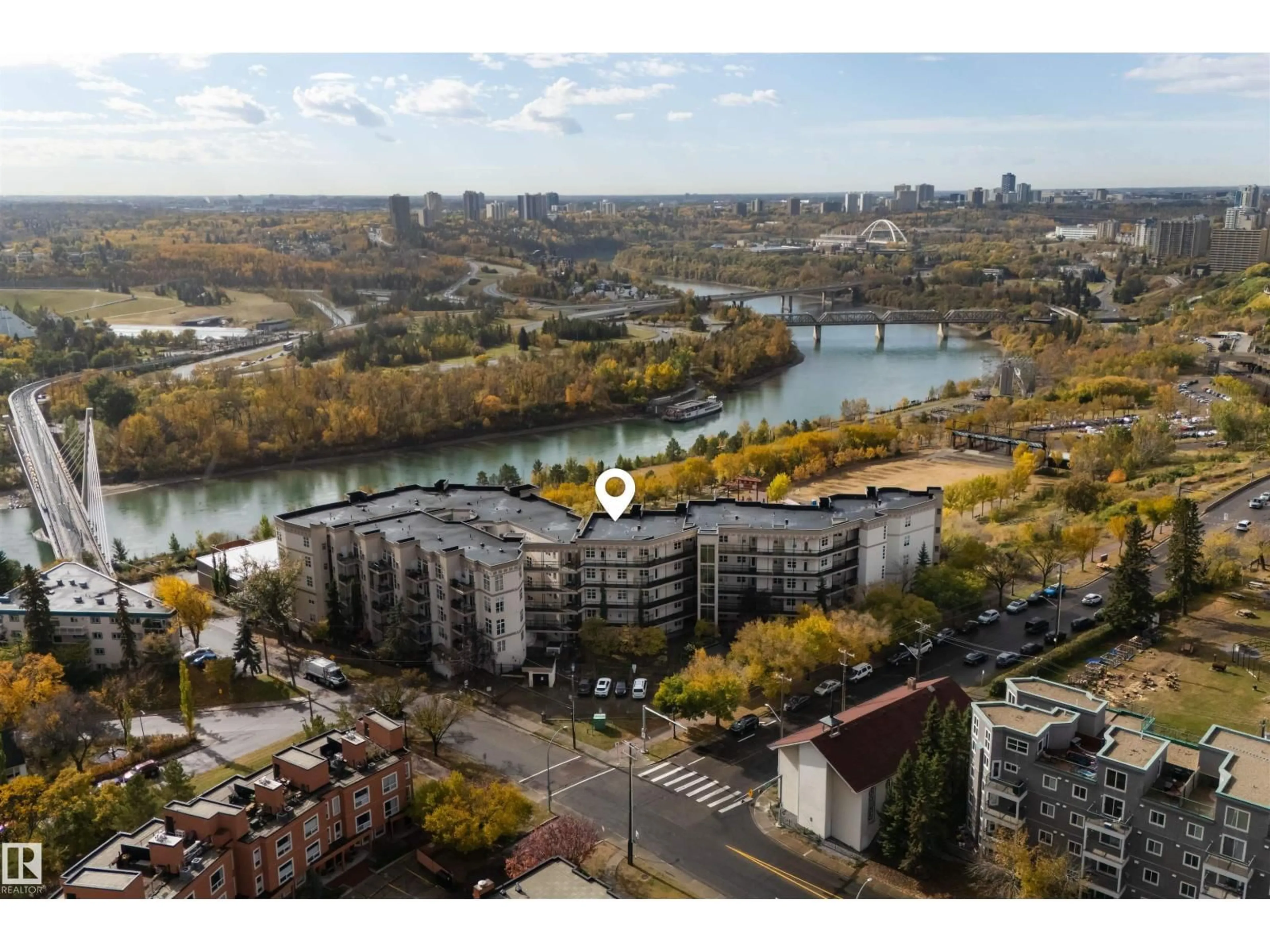 A pic from outside/outdoor area/front of a property/back of a property/a pic from drone, water/lake/river/ocean view for #412 - 9503 101 AV, Edmonton Alberta T5H4R1