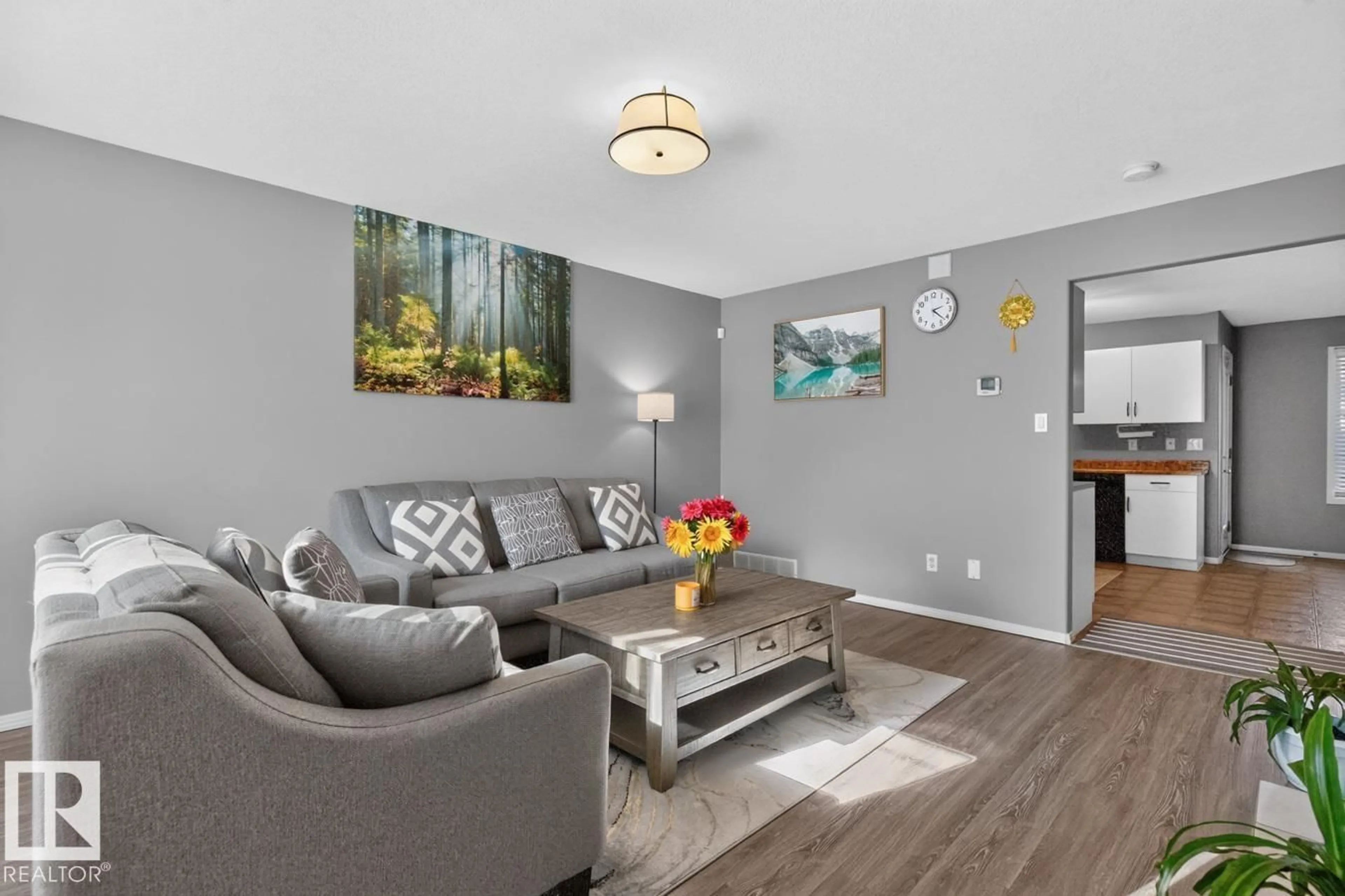Living room with furniture, wood/laminate floor for #11 - 12930 140 AV NW, Edmonton Alberta T6V0C4