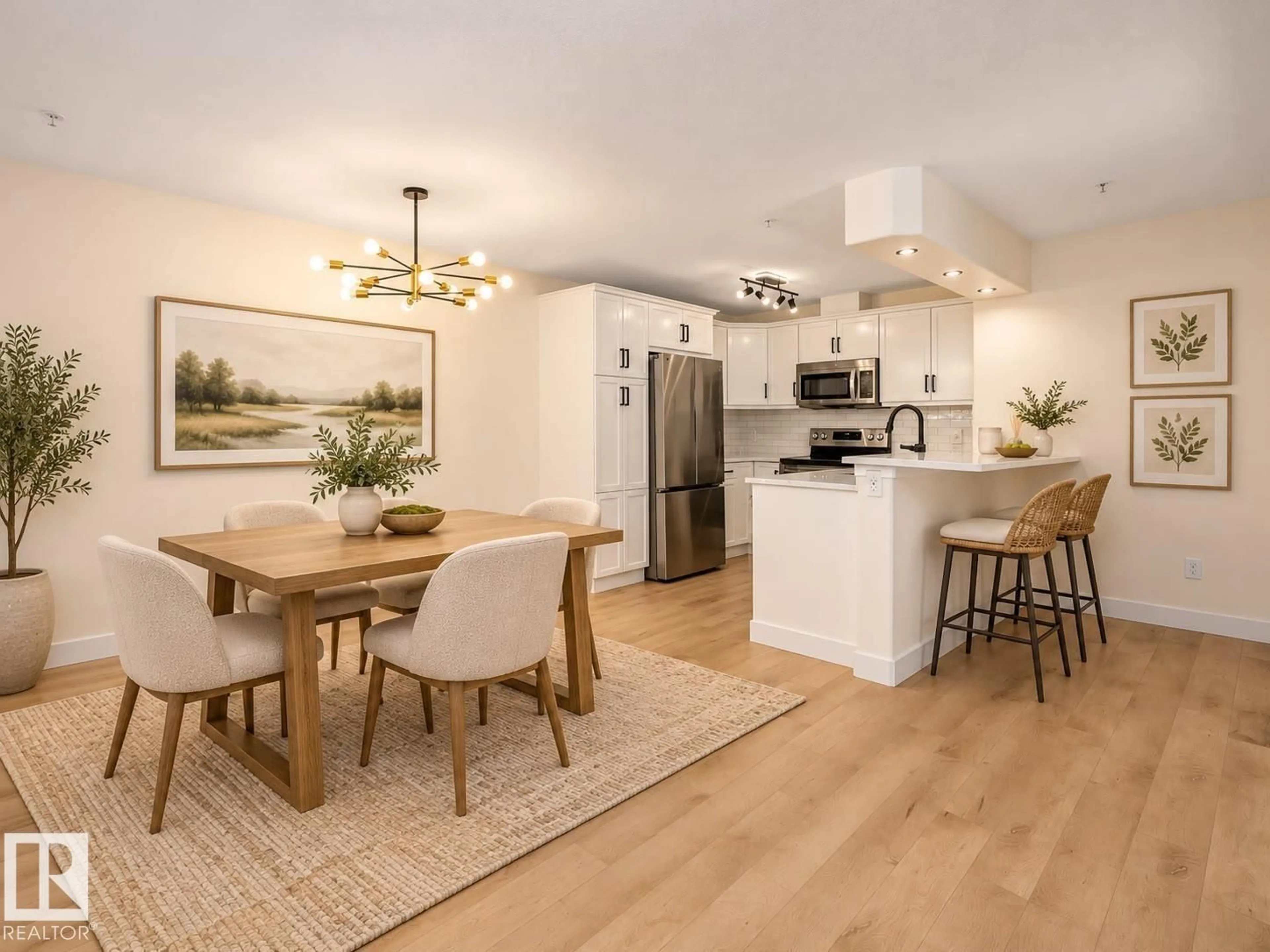 Open concept kitchen, wood/laminate floor for #143 - 11505 ELLERSLIE RD, Edmonton Alberta T6W2A9
