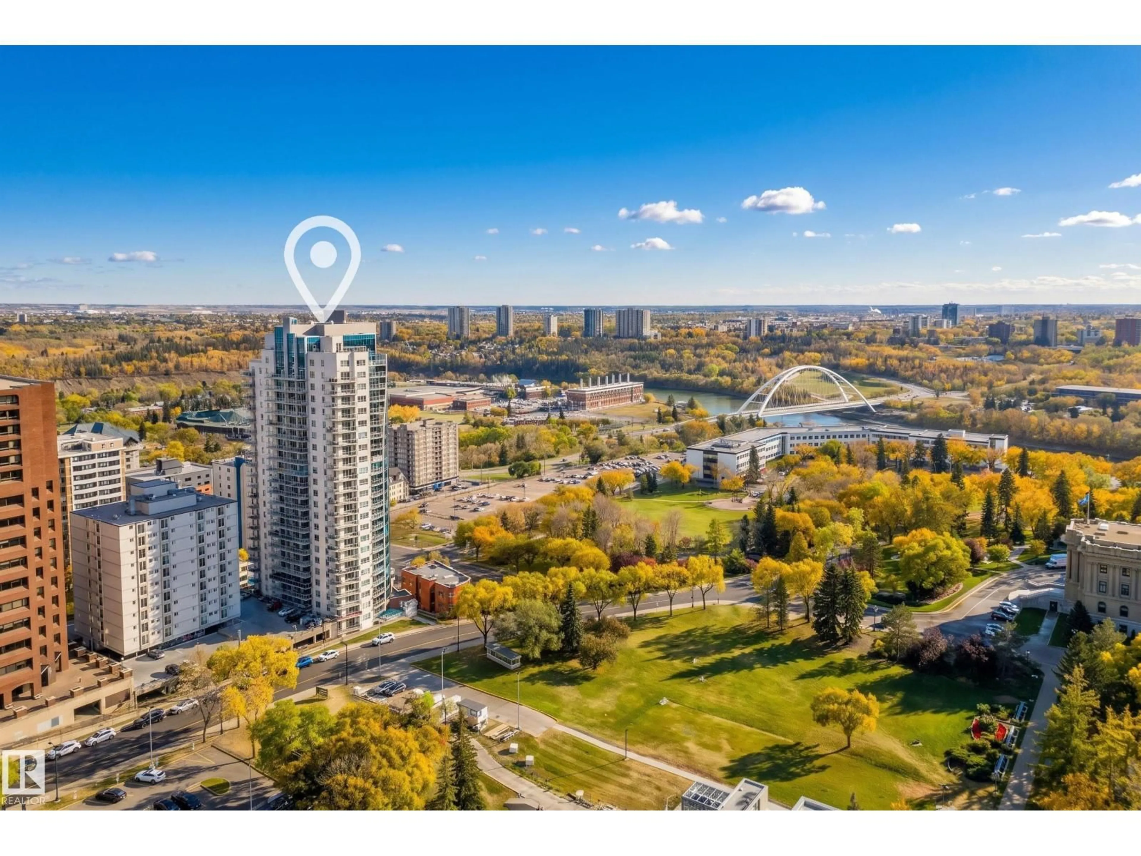 A pic from outside/outdoor area/front of a property/back of a property/a pic from drone, city buildings view from balcony for 1504 - 9720 106 ST, Edmonton Alberta T5K0K8