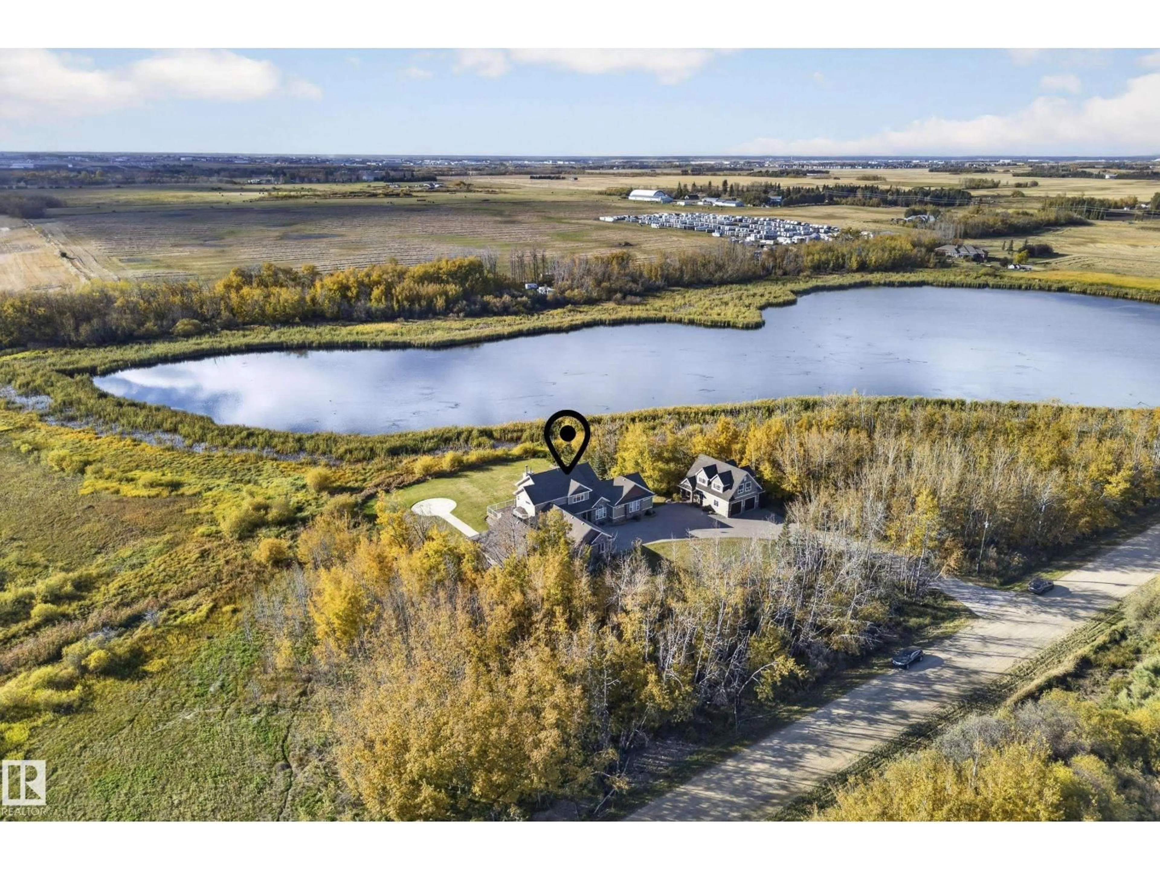 A pic from outside/outdoor area/front of a property/back of a property/a pic from drone, water/lake/river/ocean view for 50344 RGE RD 243, Rural Leduc County Alberta T4X0N5