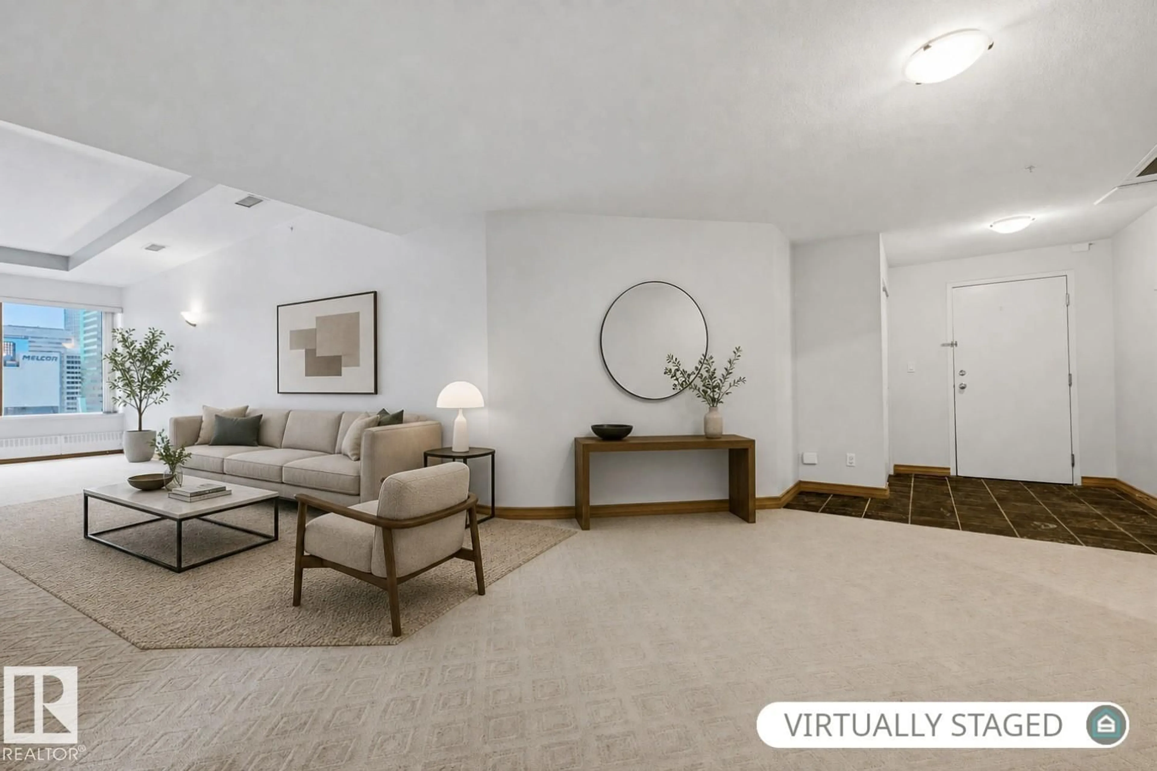 Living room with furniture, carpet floor for 701 - 10106 105 ST, Edmonton Alberta T5J5E7