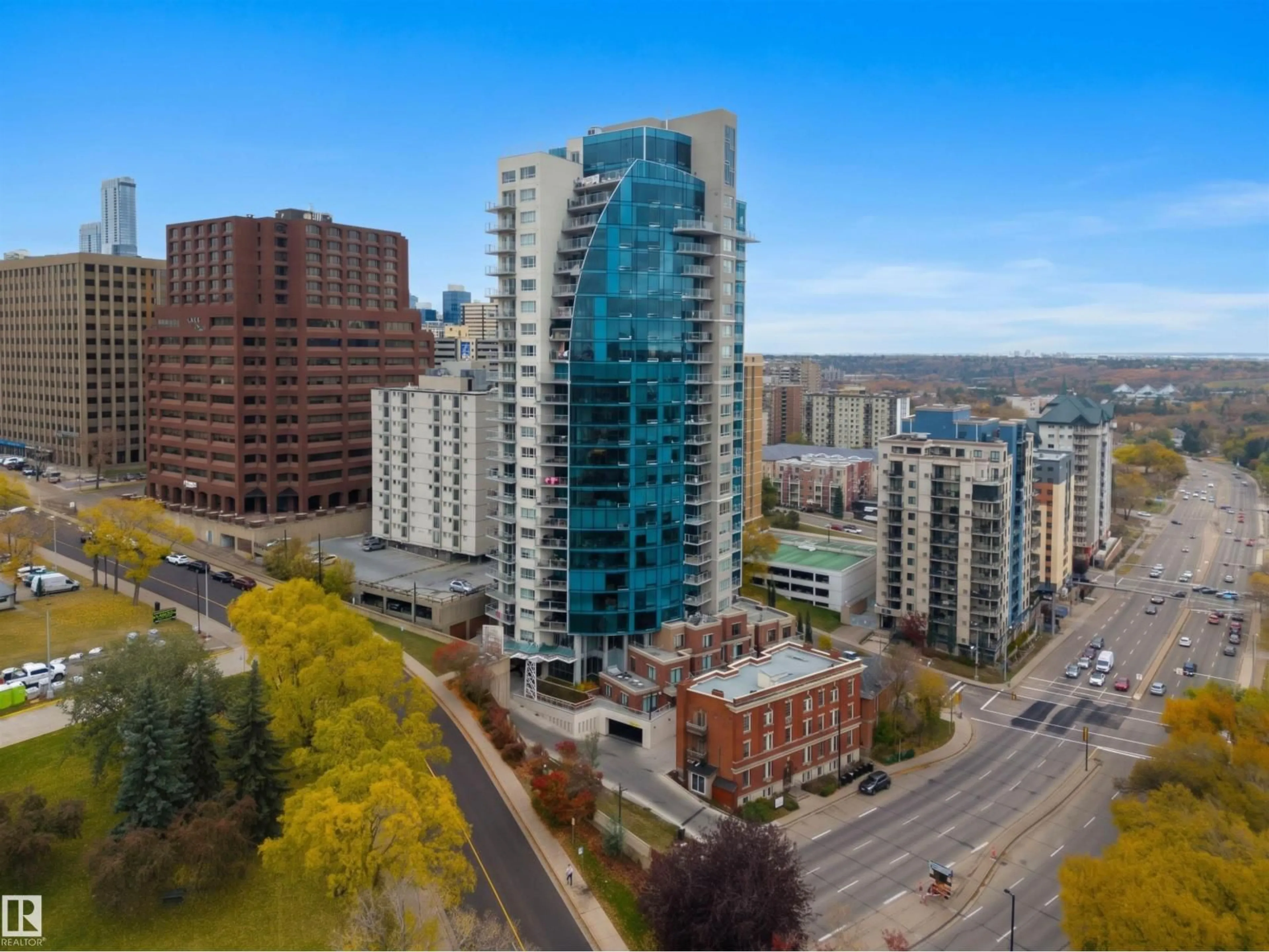 A pic from outside/outdoor area/front of a property/back of a property/a pic from drone, city buildings view from balcony for #203 - 9720 106 ST, Edmonton Alberta T5K0K8