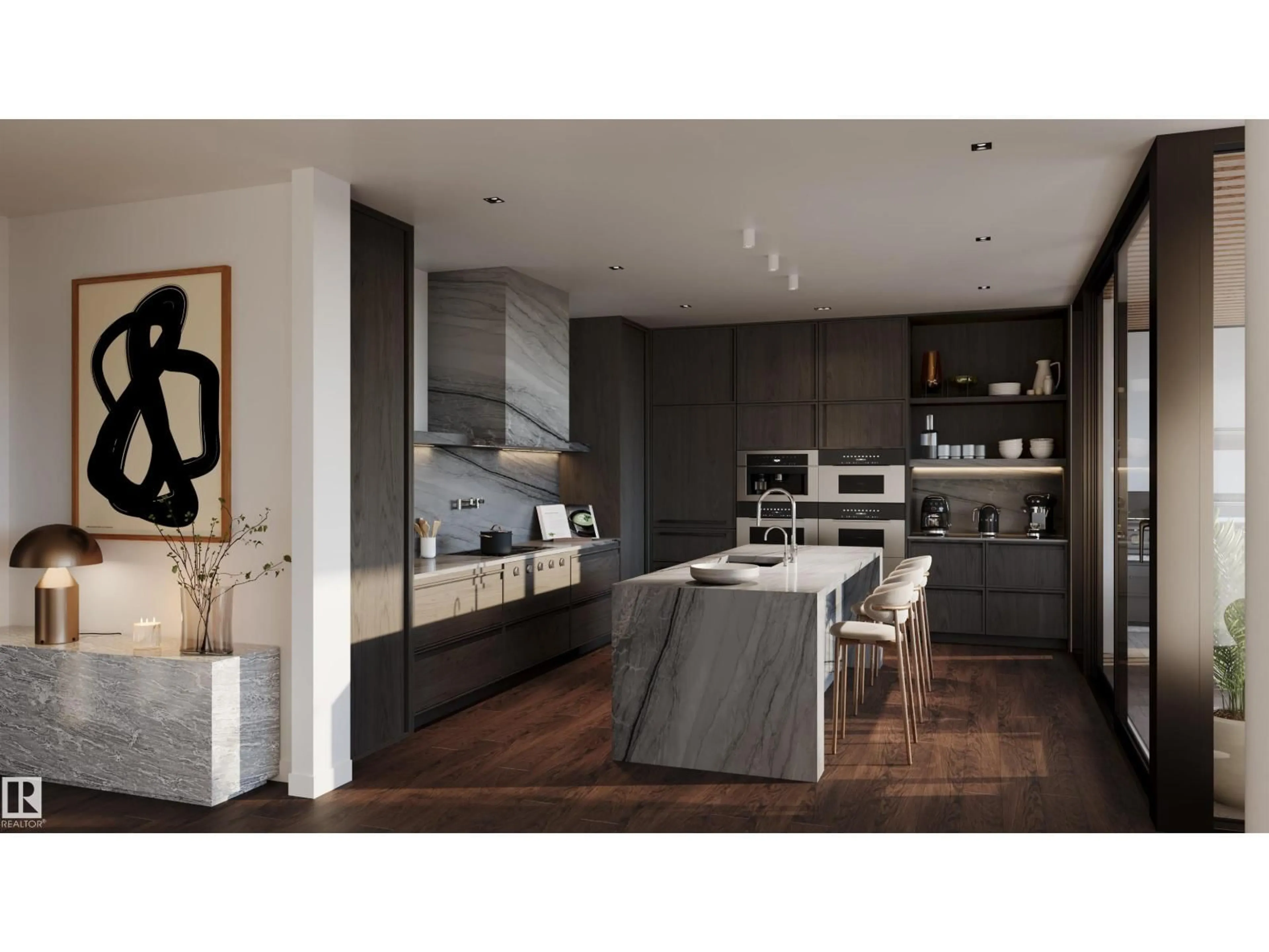 Contemporary kitchen, wood/laminate floor for #901 - 10143 CLIFTON PL, Edmonton Alberta T5H0E7