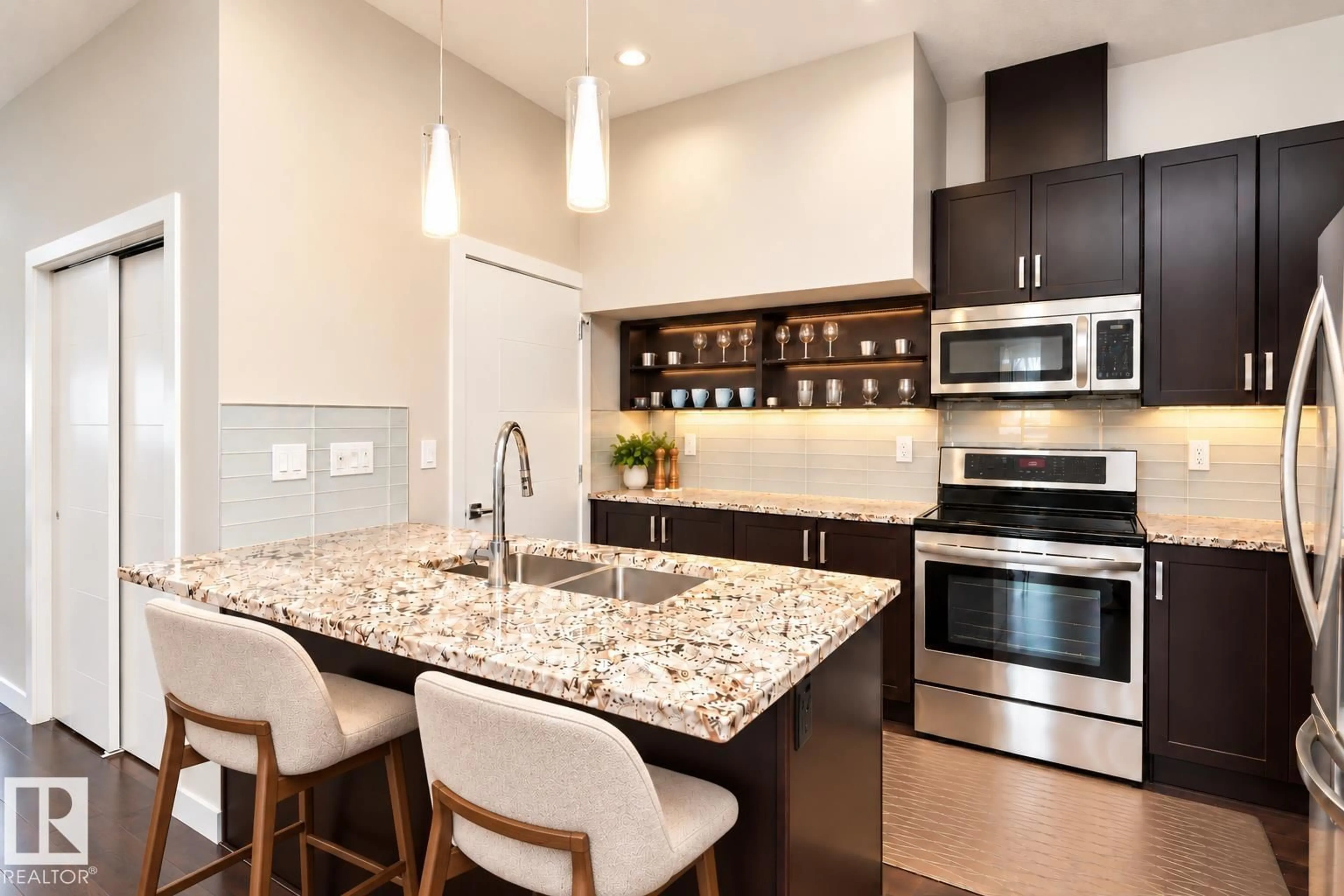 Open concept kitchen, ceramic/tile floor for #404 - 10238 103 ST, Edmonton Alberta T5J0G6