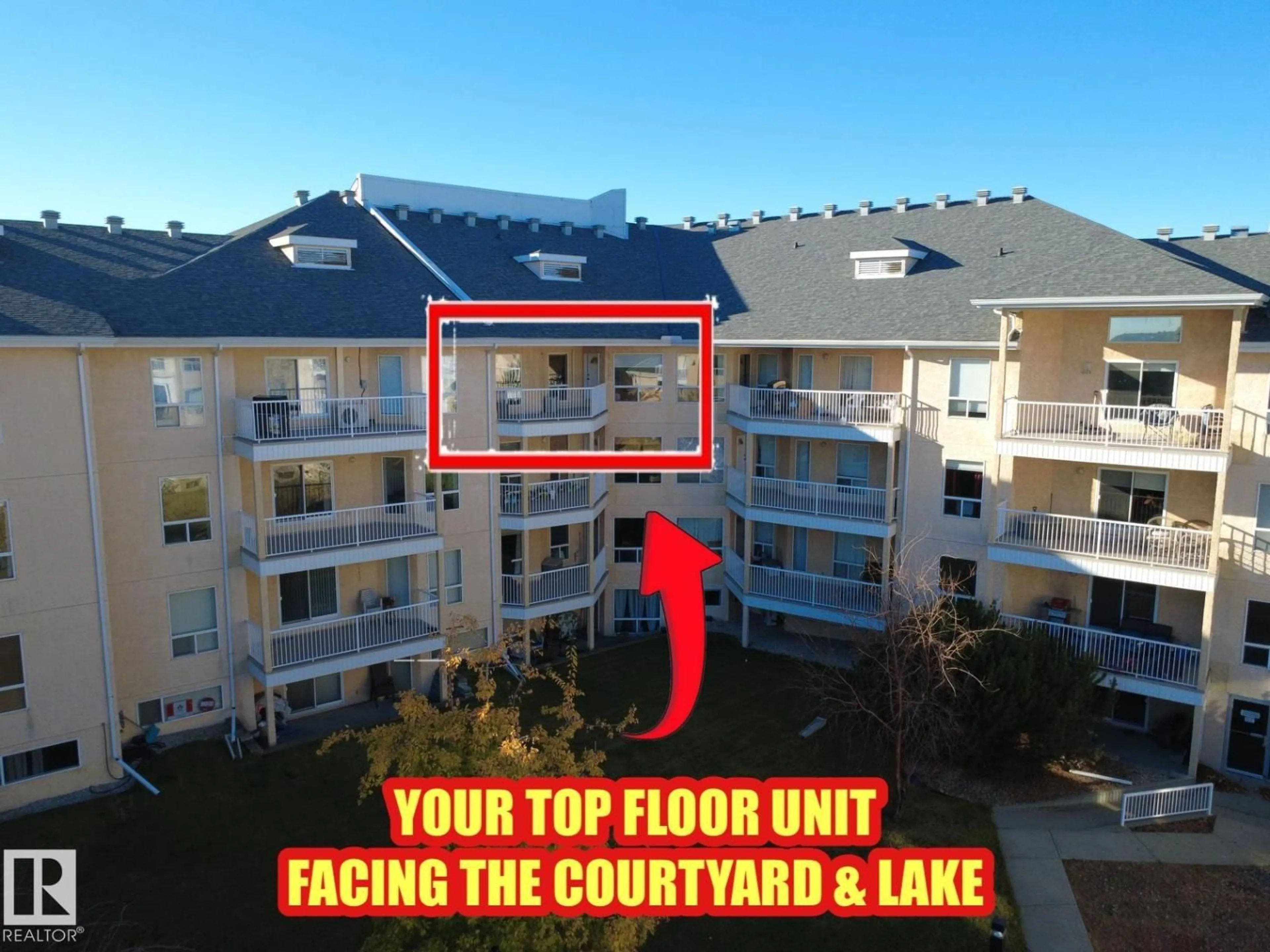 A pic from outside/outdoor area/front of a property/back of a property/a pic from drone, water/lake/river/ocean view for #419 - 15499 CASTLE DOWNS RD, Edmonton Alberta T5X5Y3