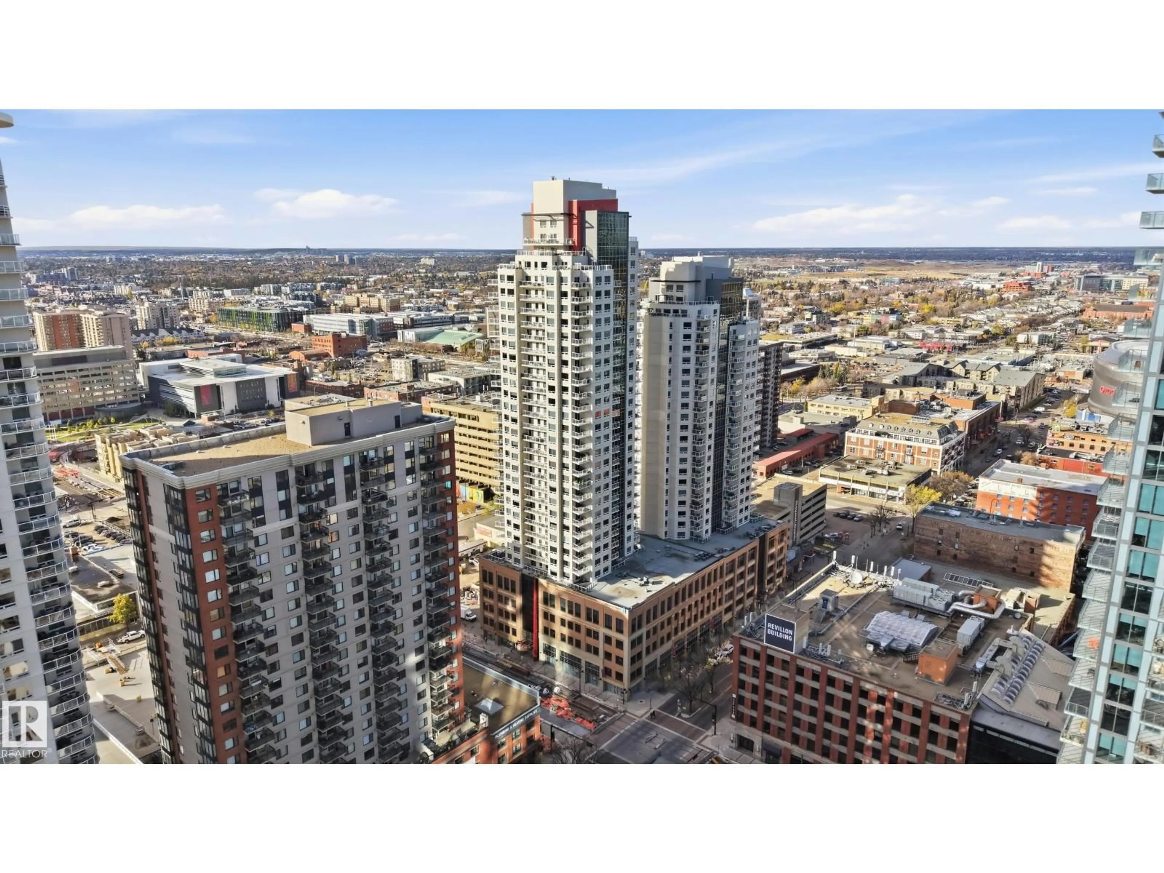 A pic from outside/outdoor area/front of a property/back of a property/a pic from drone, city buildings view from balcony for 2407 10410 102 AV NW, Edmonton Alberta T5J0E9