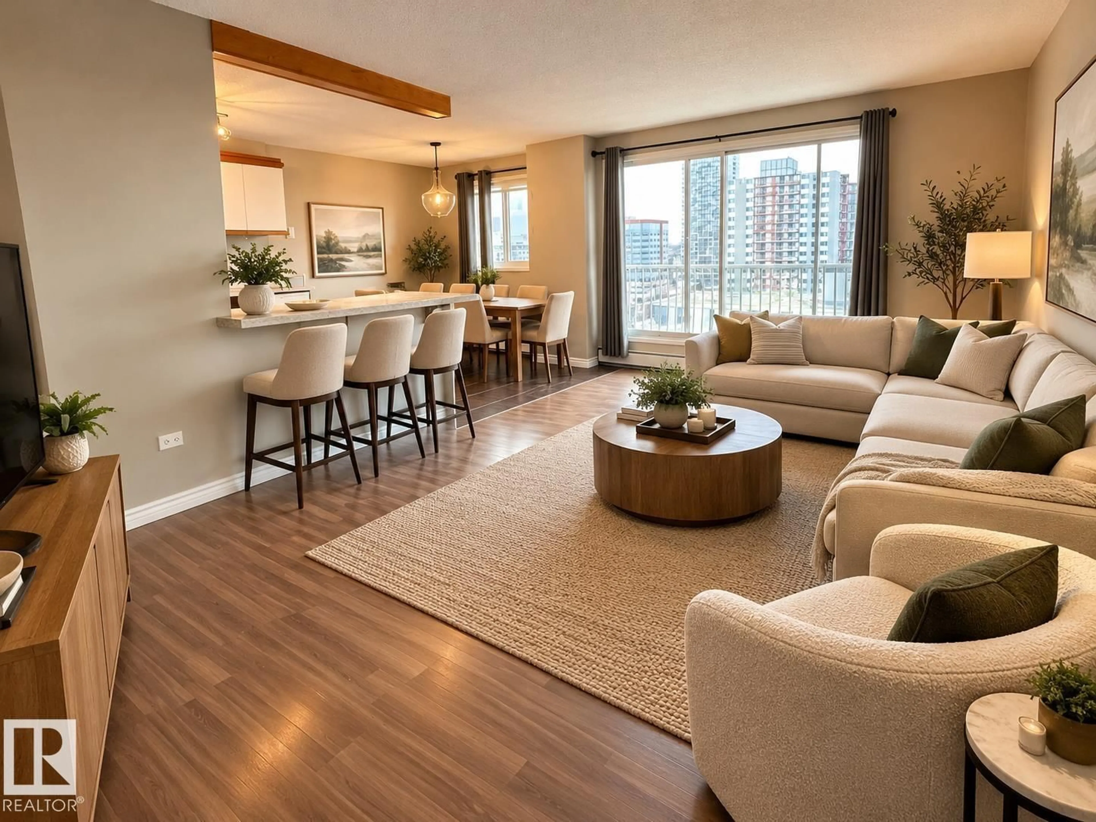 Living room with furniture, wood/laminate floor for #1406 - 10150 117 ST NW, Edmonton Alberta T5K2J2