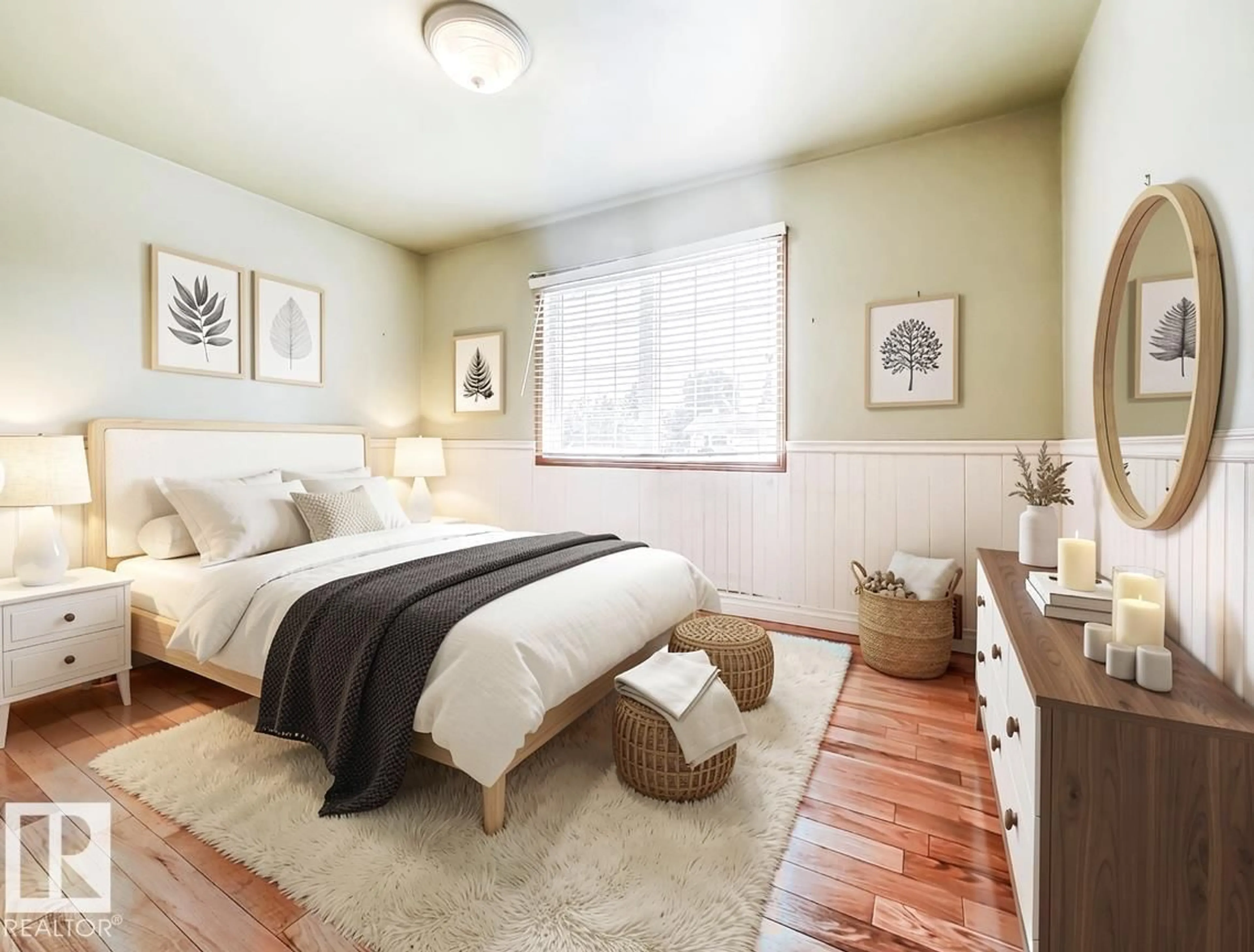 Bedroom with bed, wood/laminate floor for 5812 105 AV NW, Edmonton Alberta T6A1A6