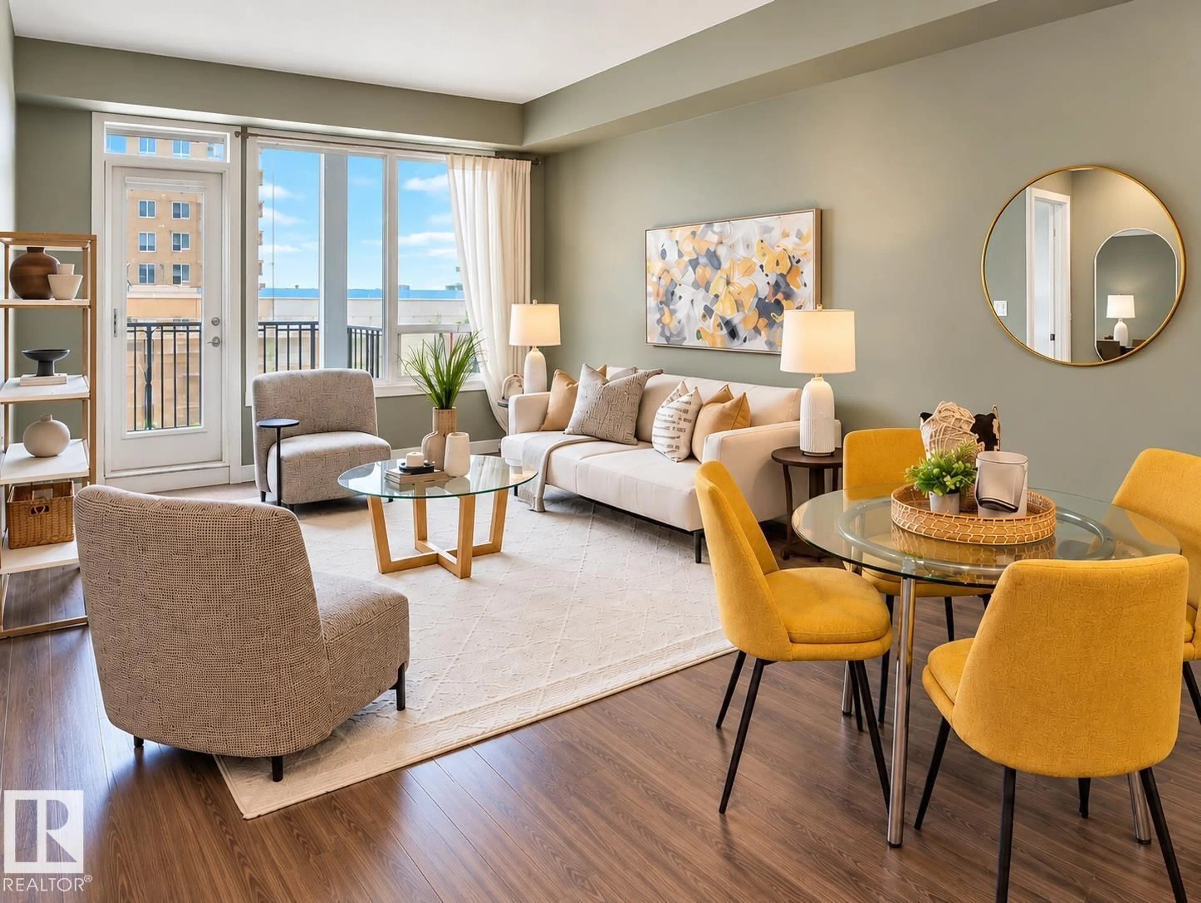 Living room with furniture, wood/laminate floor for #408 - 9907 91 AV, Edmonton Alberta T6E2T7