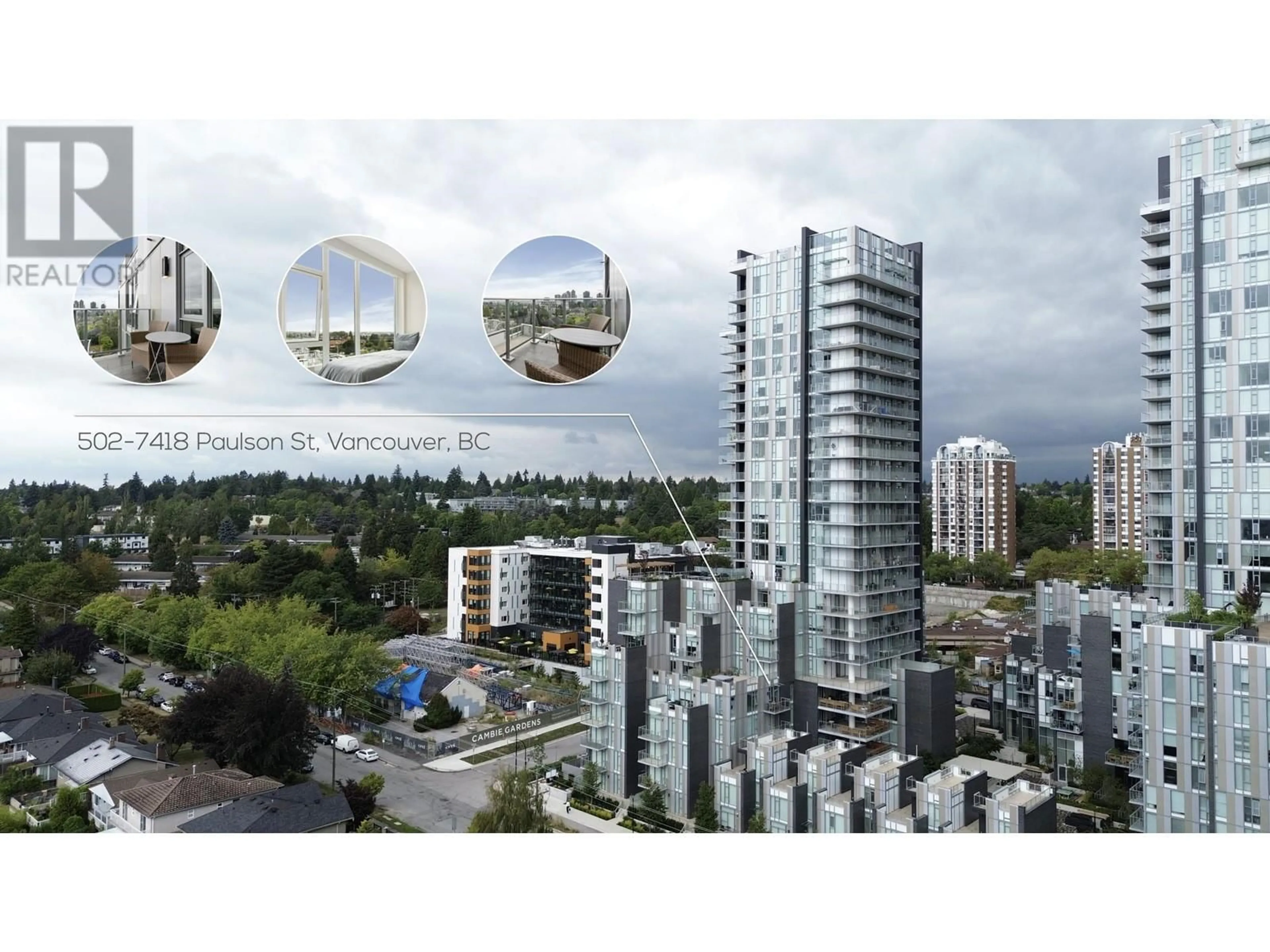 A pic from exterior of the house or condo, the view of city buildings for 502 7418 PAULSON STREET, Vancouver British Columbia V6P0K2