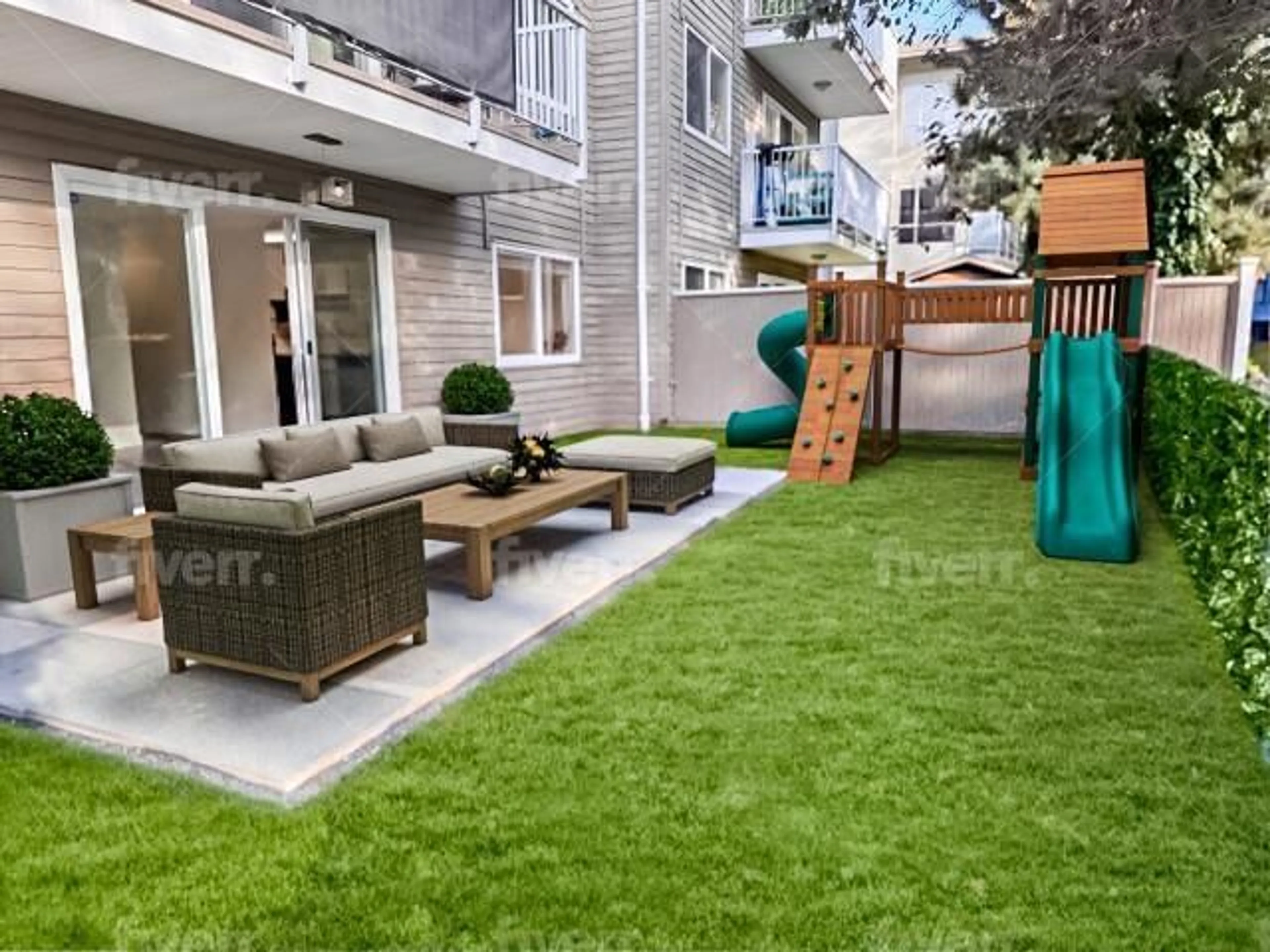 Patio, the fenced backyard for 104 33664 MARSHALL ROAD, Abbotsford British Columbia V2S6E8