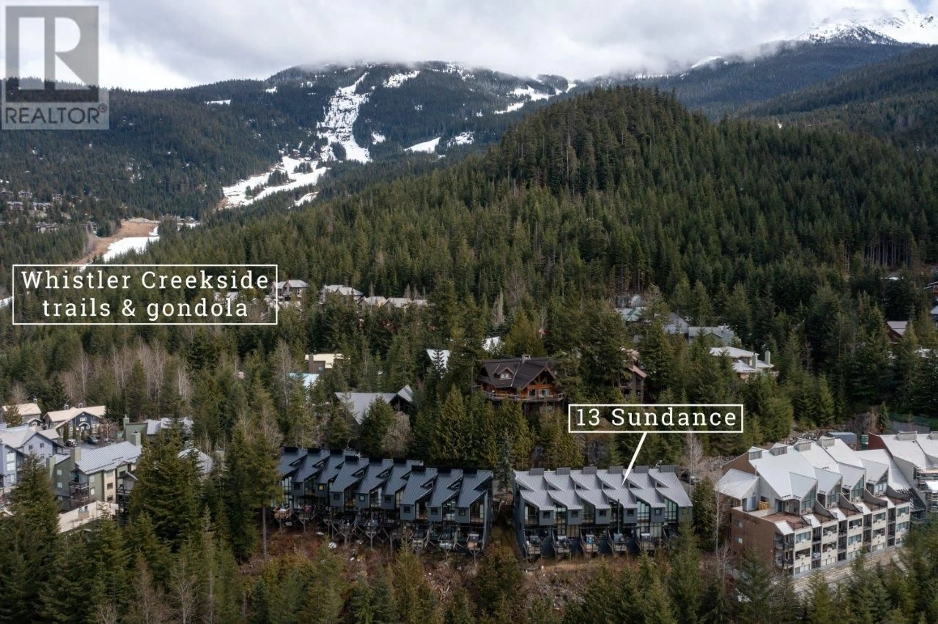 A pic from outside/outdoor area/front of a property/back of a property/a pic from drone, mountain view for 13 2221 GONDOLA WAY, Whistler British Columbia V8E0M8