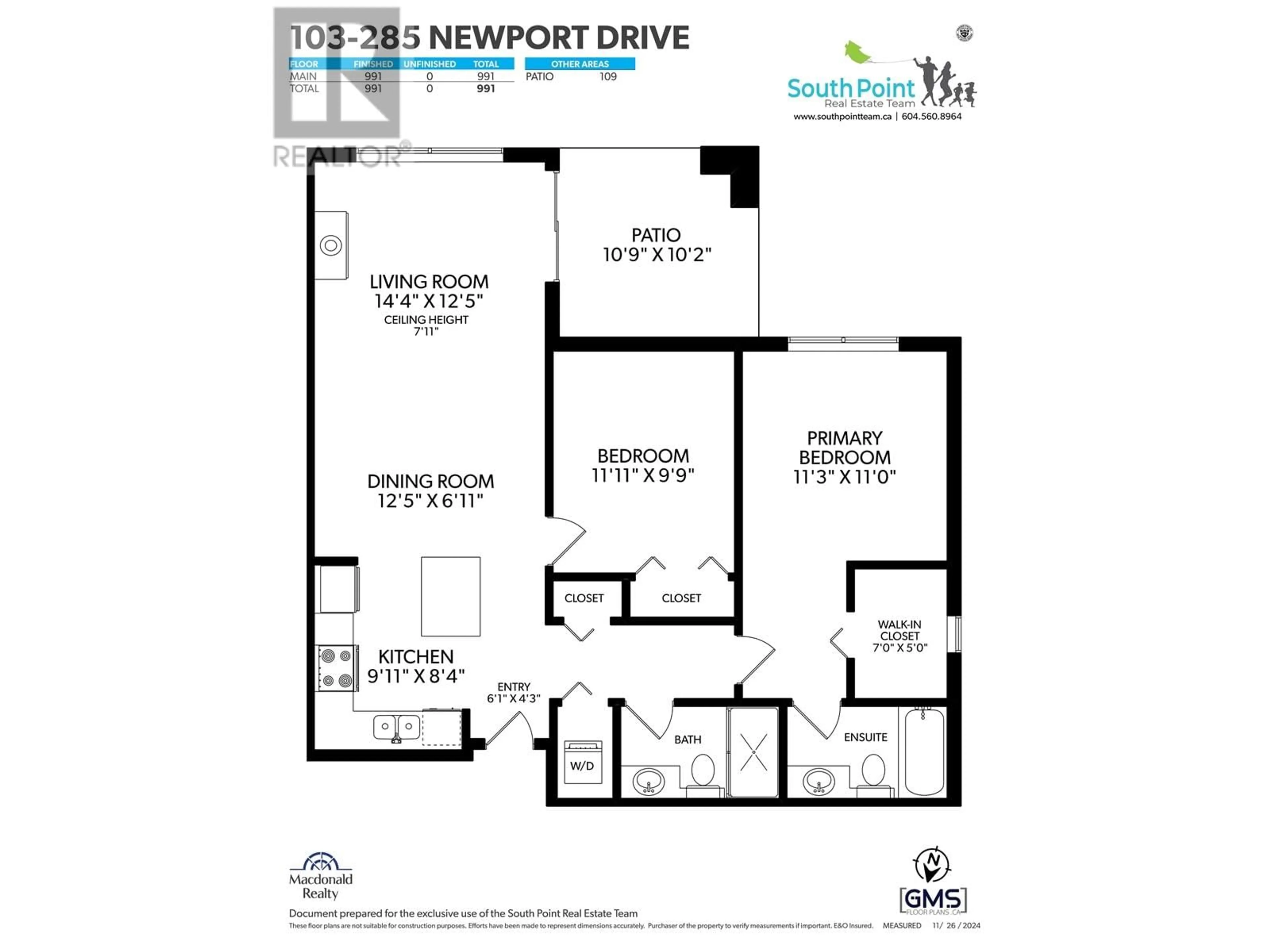 Floor plan for 103 285 NEWPORT DRIVE, Port Moody British Columbia V3H5J6