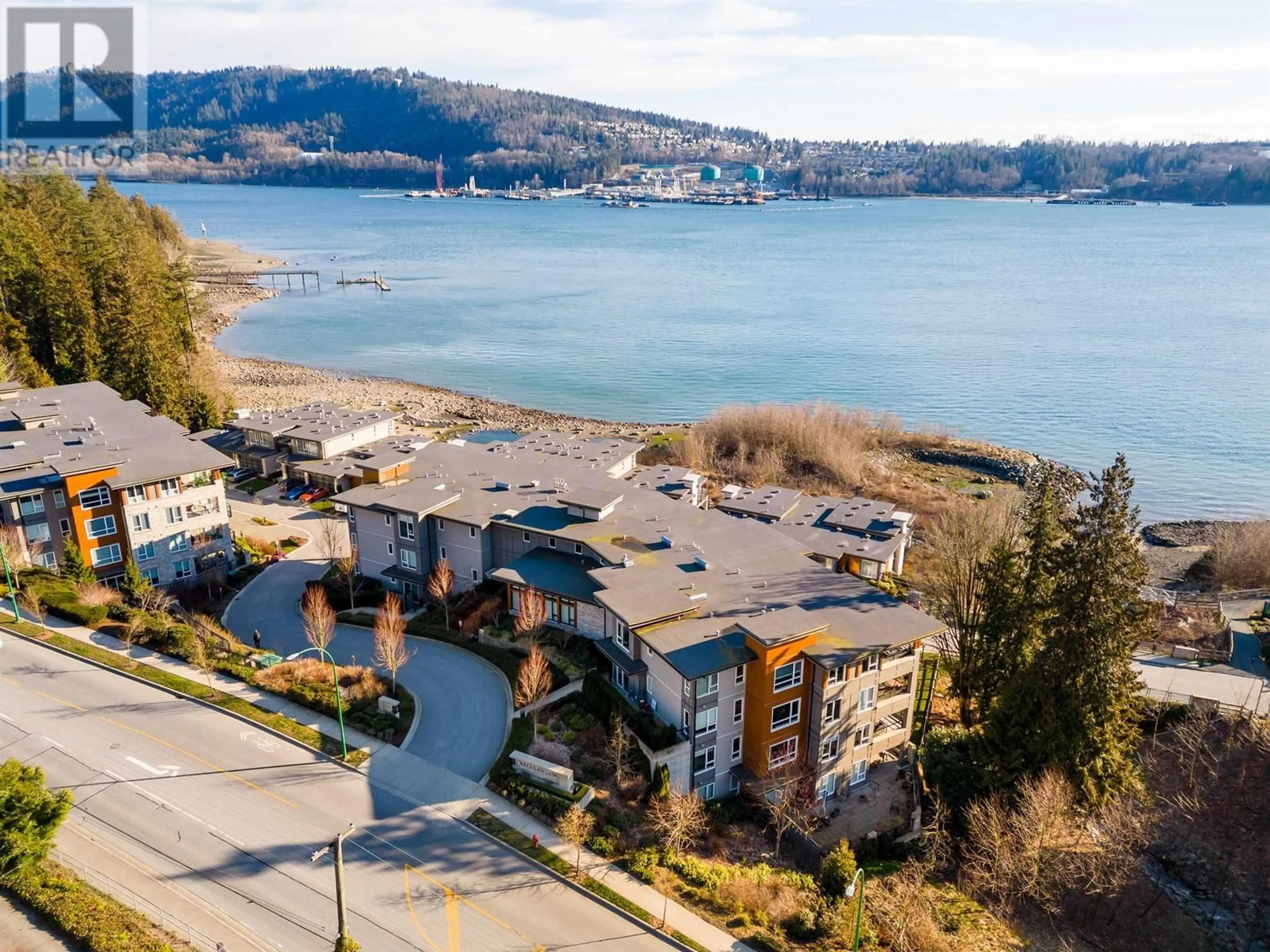 A pic from outside/outdoor area/front of a property/back of a property/a pic from drone, water/lake/river/ocean view for 405 3873 CATES LANDING WAY, North Vancouver British Columbia V7G0A6