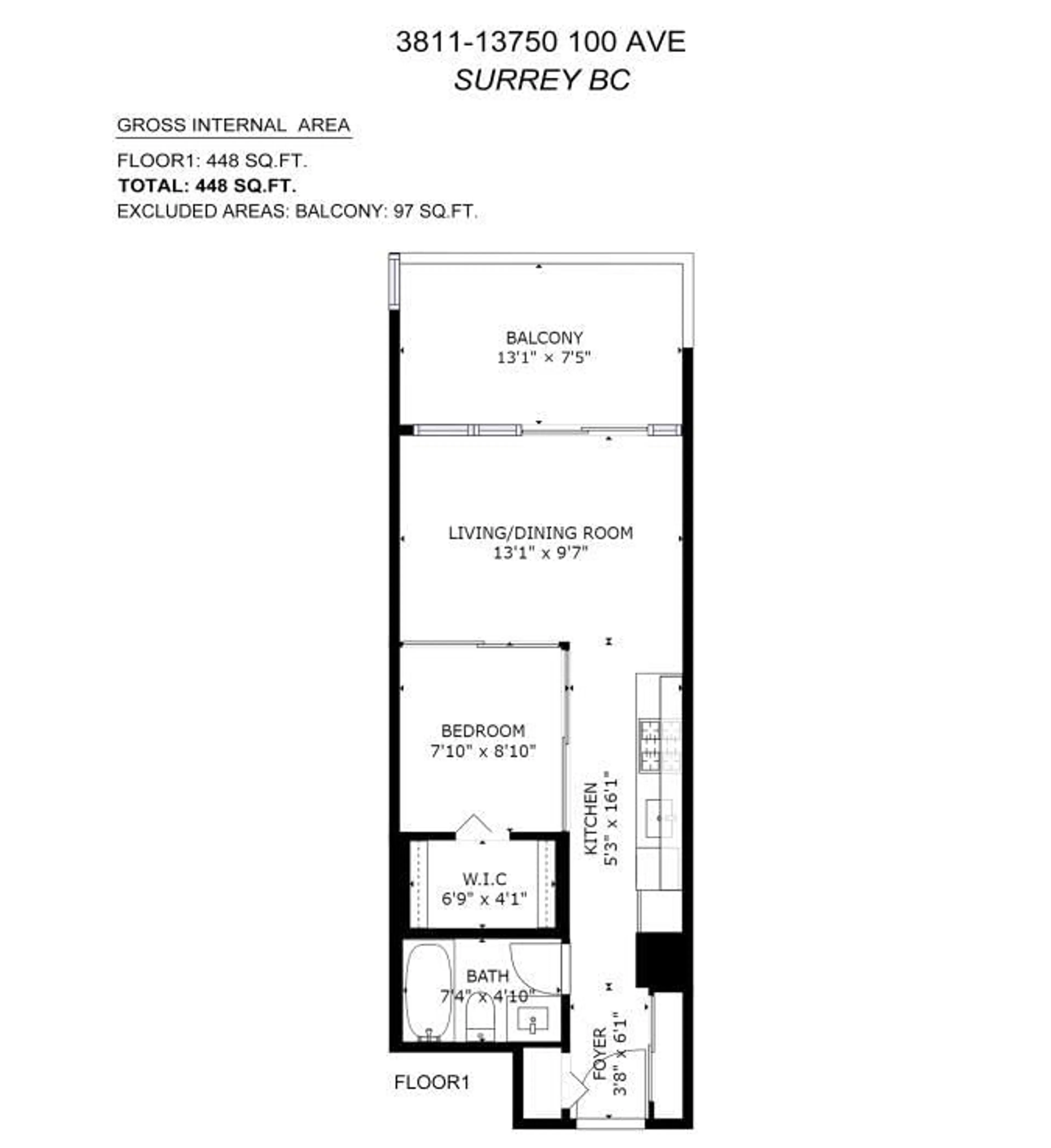 Floor plan for 3811 - 13750 100, Surrey British Columbia V3T0L3