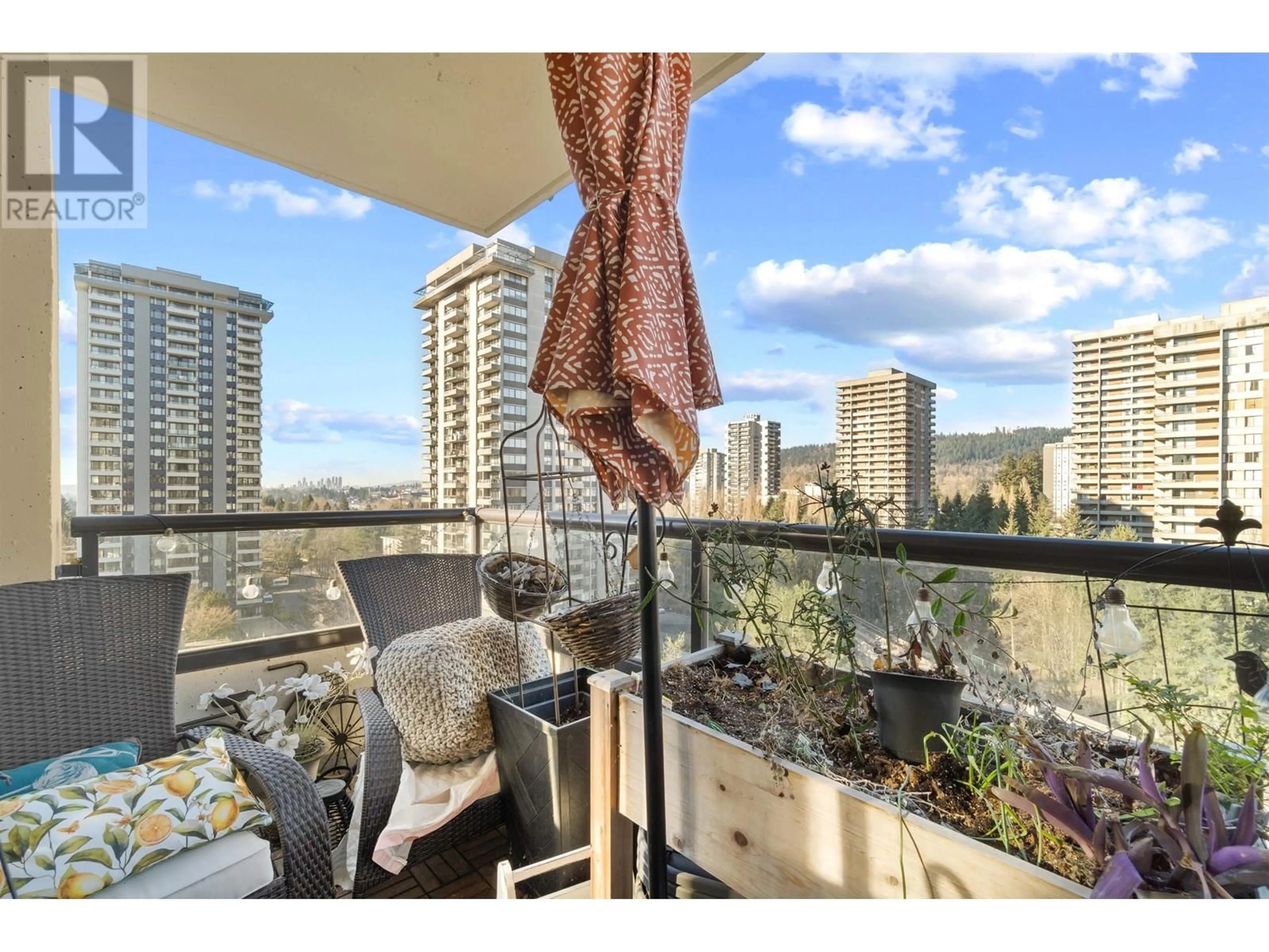 Balcony in the apartment, city buildings view from balcony for 1402 9521 CARDSTON COURT, Burnaby British Columbia V3N4R8