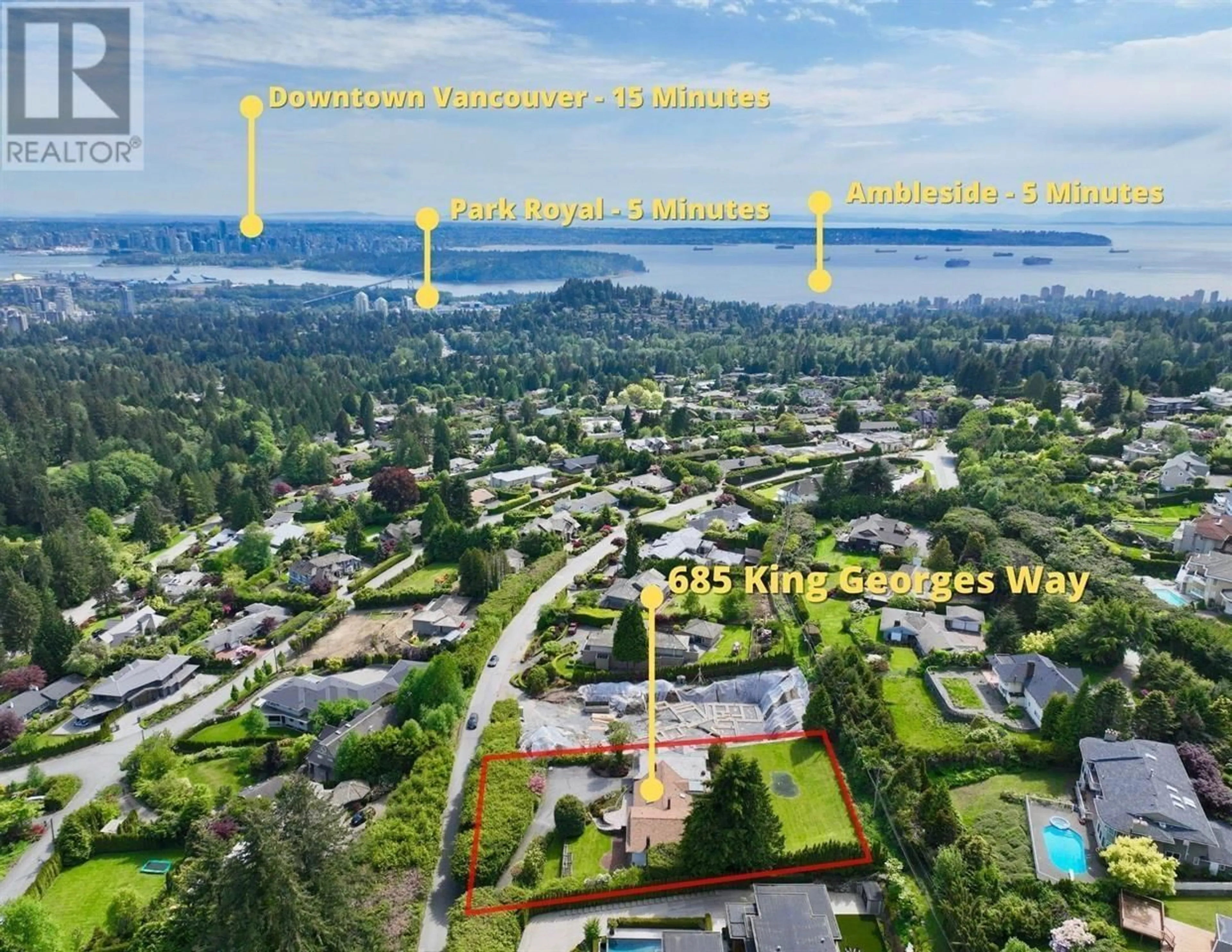 A pic from outside/outdoor area/front of a property/back of a property/a pic from drone, water/lake/river/ocean view for 685 KING GEORGES WAY, West Vancouver British Columbia V7S1S2