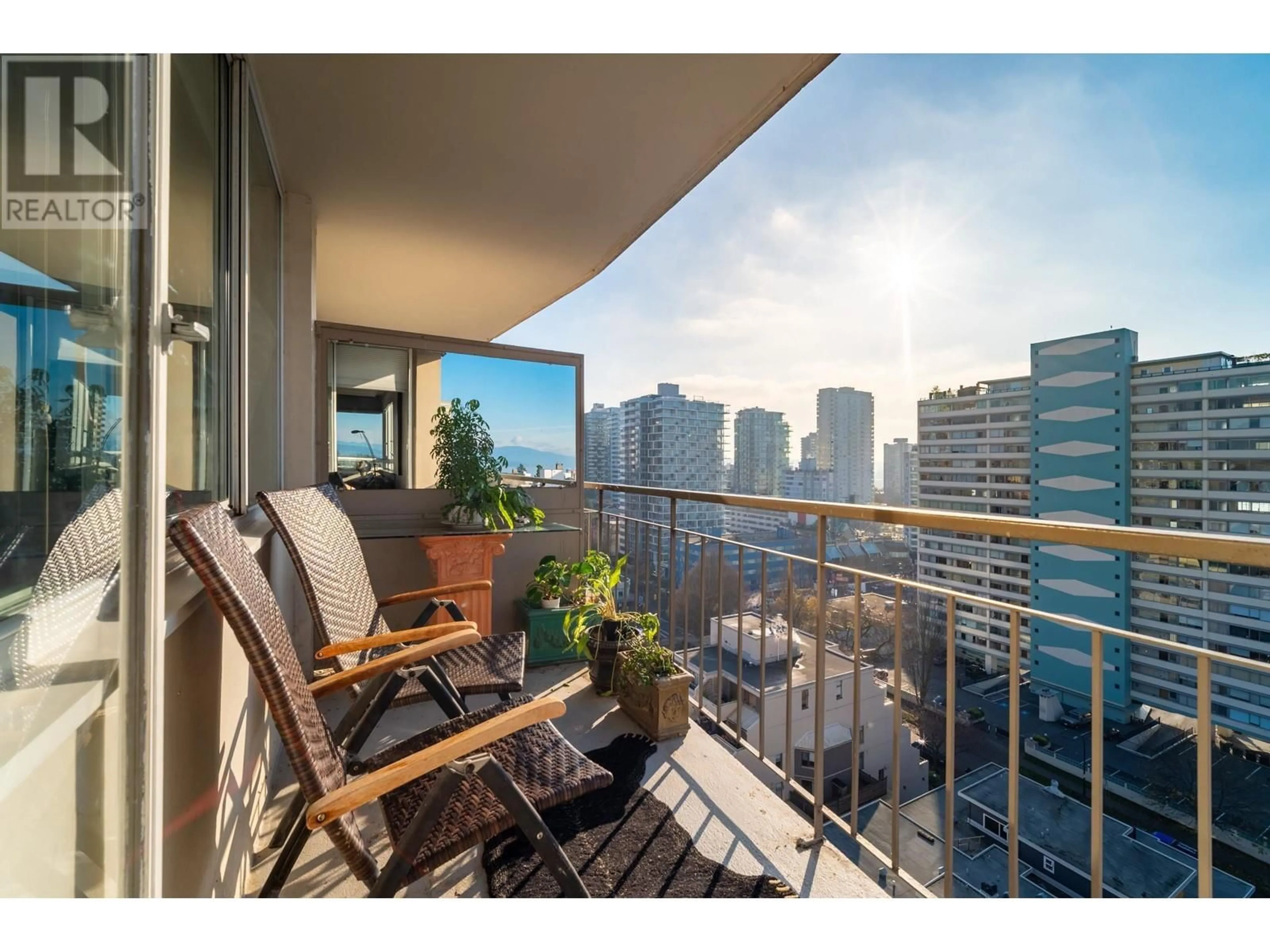 Balcony in the apartment, city buildings view from balcony for 1503 - 1850 COMOX STREET, Vancouver British Columbia V6G1R3